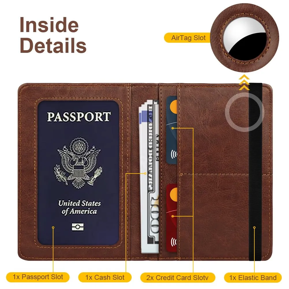 AOOSU Custodia per Passaporto in Pelle con Slot AirTag e Protezione RFID (Marrone) - immagine 3