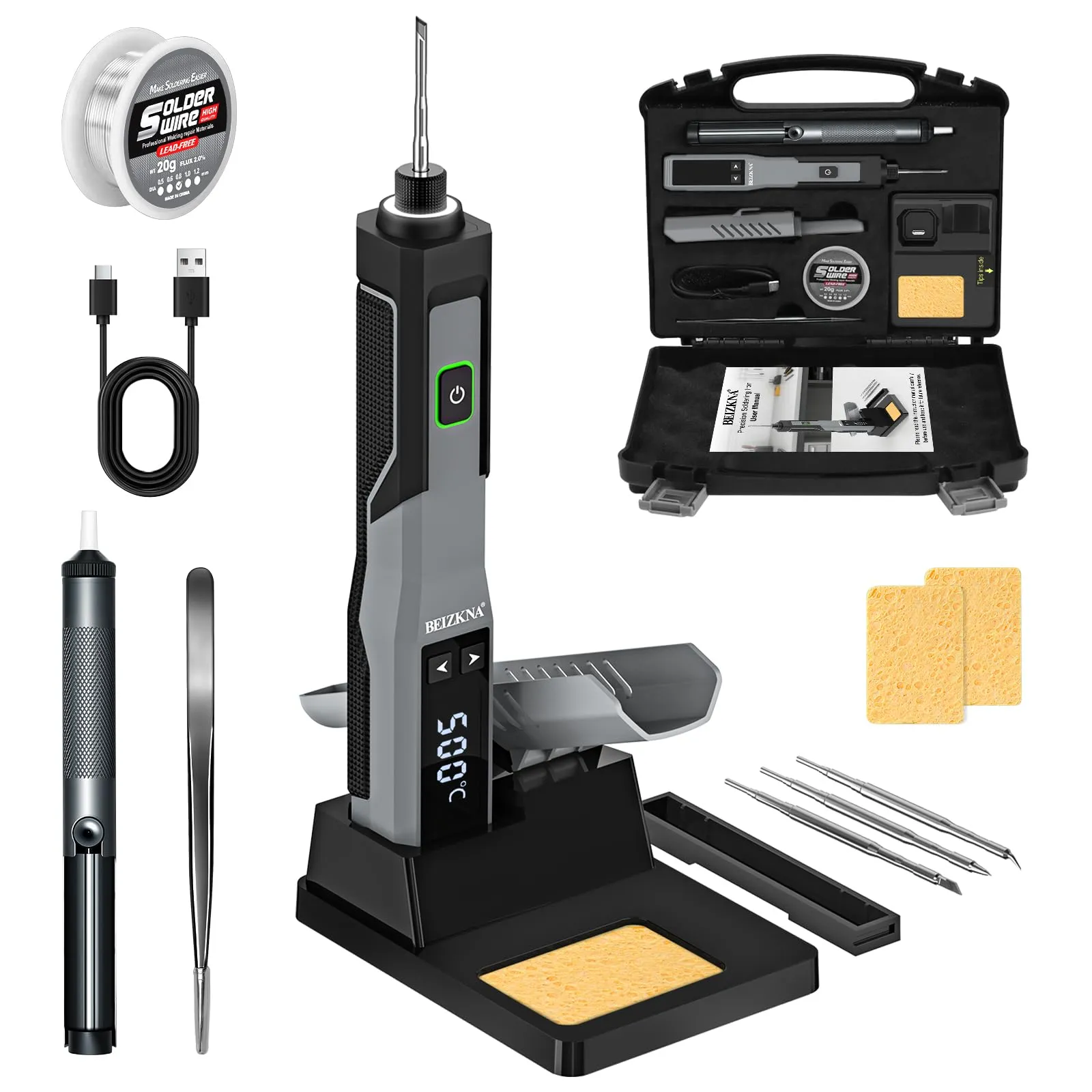 Beizkna Saldatore a Stagno a Batteria Ricaricabile, 200-500°C, Display LED, Kit 14 in 1 - immagine 1