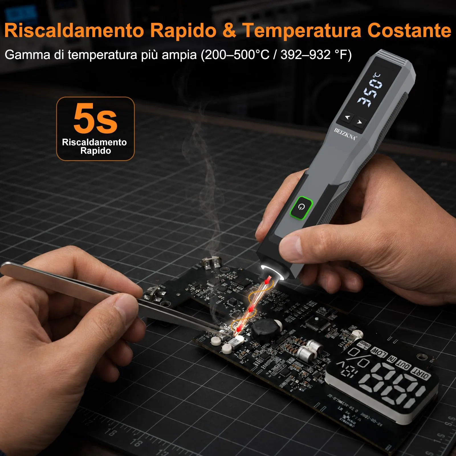 Beizkna Saldatore a Stagno a Batteria Ricaricabile, 200-500°C, Display LED, Kit 14 in 1 - immagine 2