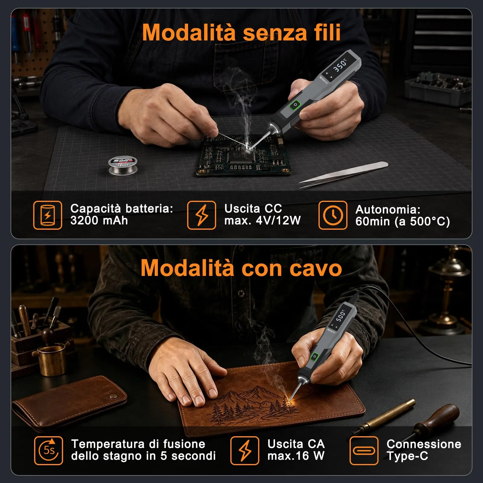 Beizkna Saldatore a Stagno a Batteria Ricaricabile, 200-500°C, Display LED, Kit 14 in 1 - immagine 4