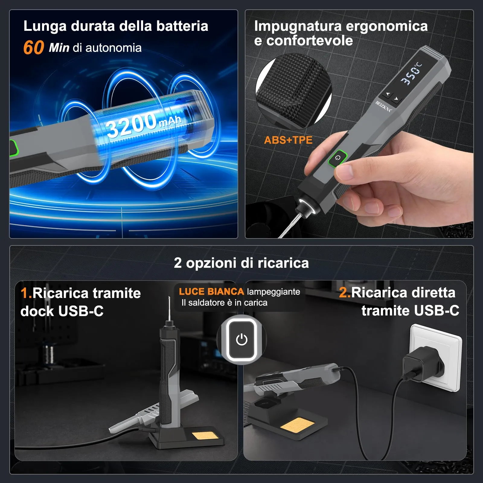 Beizkna Saldatore a Stagno a Batteria Ricaricabile, 200-500°C, Display LED, Kit 14 in 1 - immagine 5