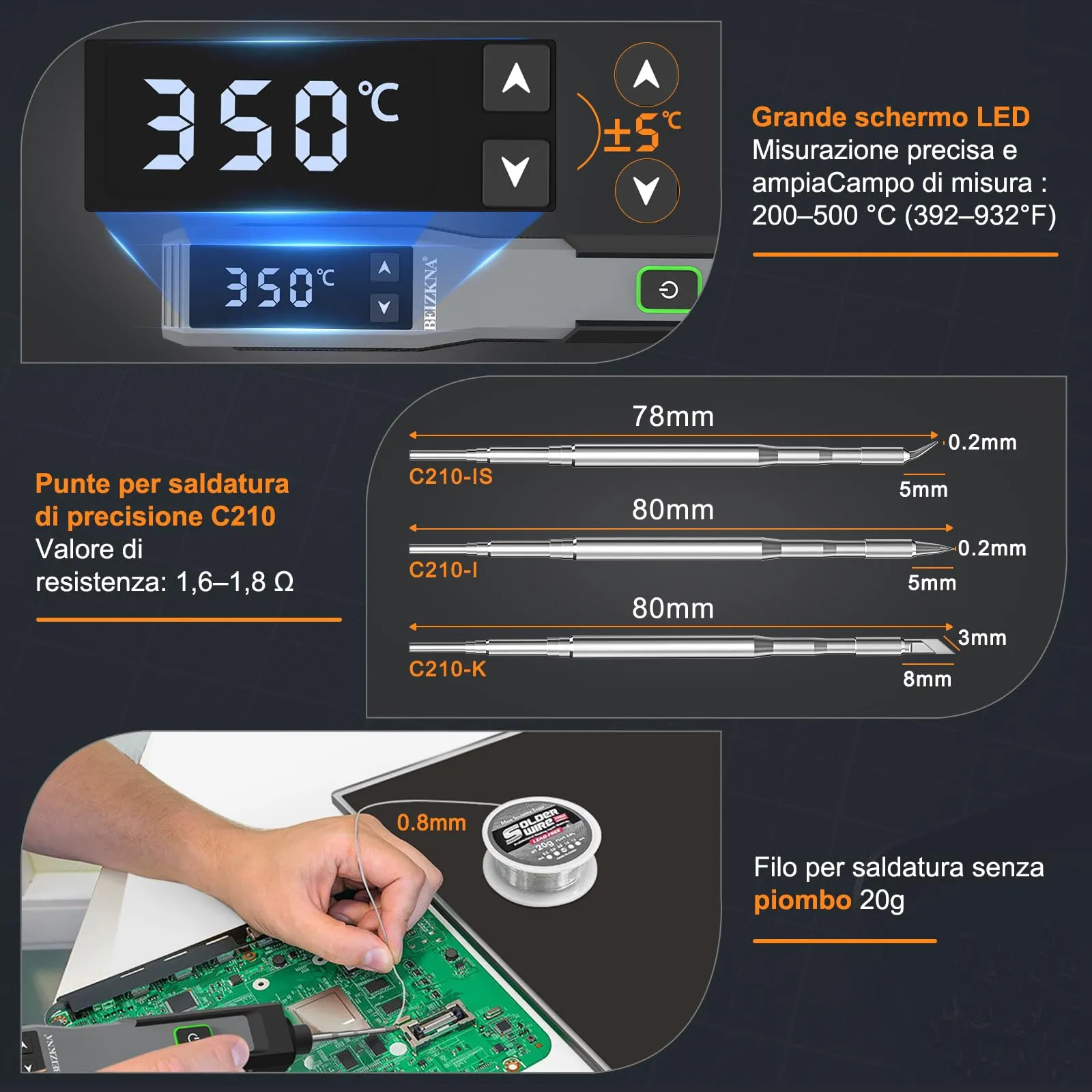 Beizkna Saldatore a Stagno a Batteria Ricaricabile, 200-500°C, Display LED, Kit 14 in 1 - immagine 6