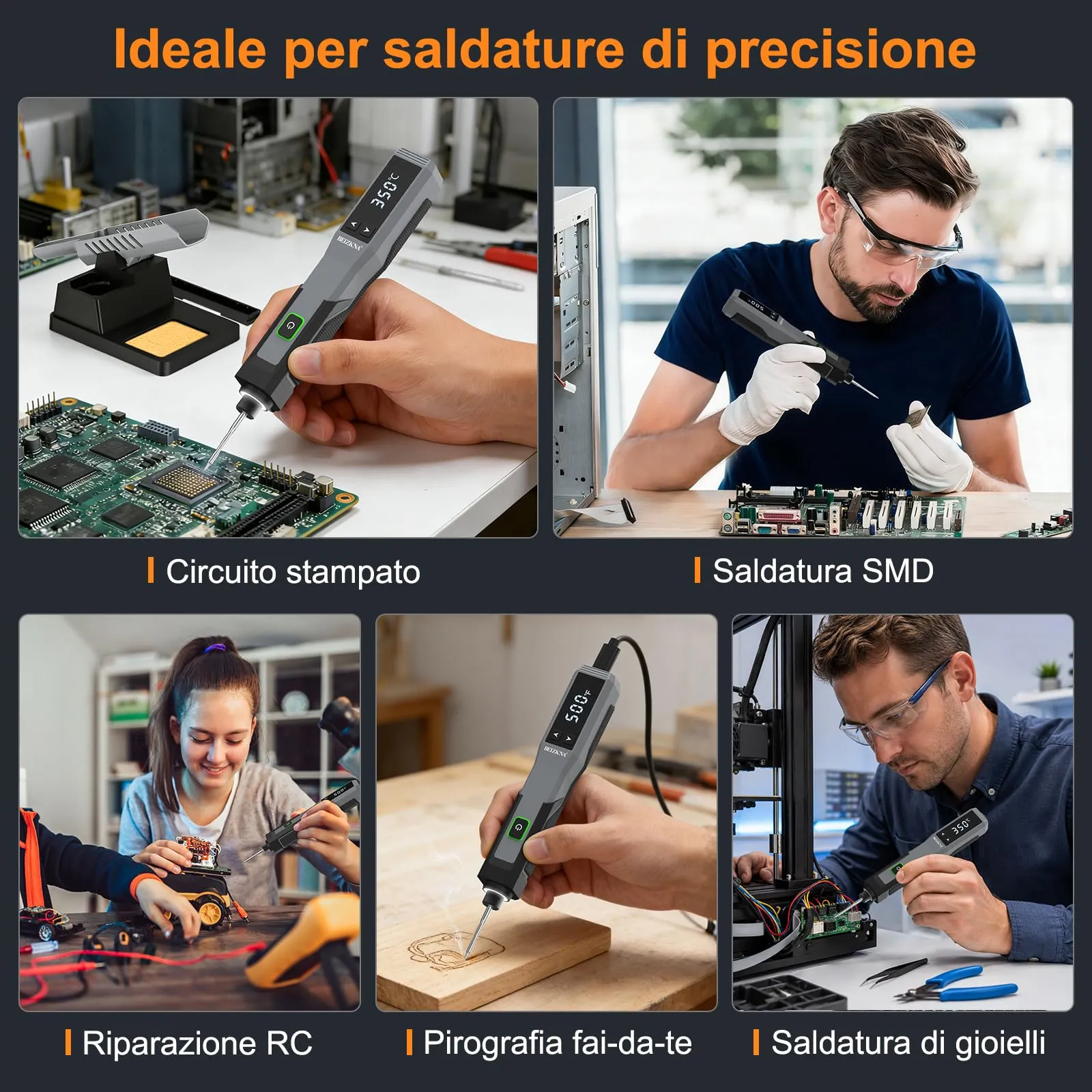 Beizkna Saldatore a Stagno a Batteria Ricaricabile, 200-500°C, Display LED, Kit 14 in 1 - immagine 7