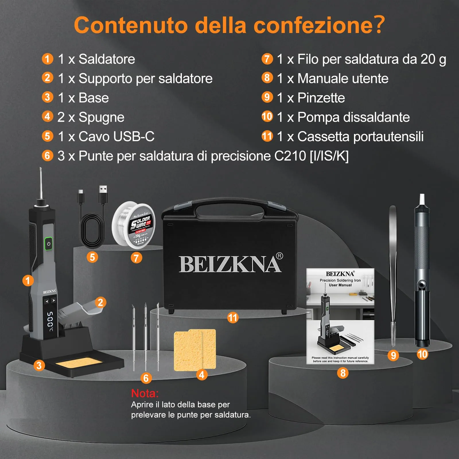 Beizkna Saldatore a Stagno a Batteria Ricaricabile, 200-500°C, Display LED, Kit 14 in 1 - immagine 8