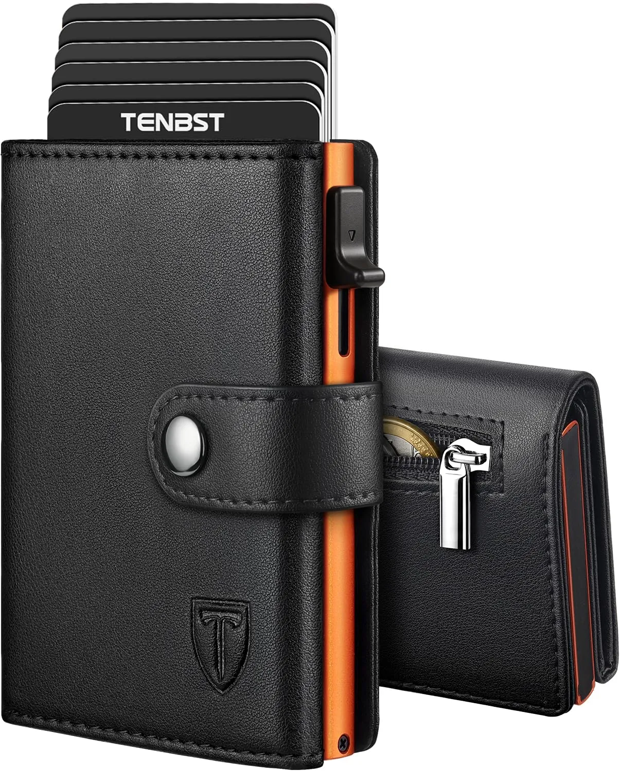 TENBST Porta carte di credito RFID per 10 carte, Nero/Arancione, HW0028 - immagine 1