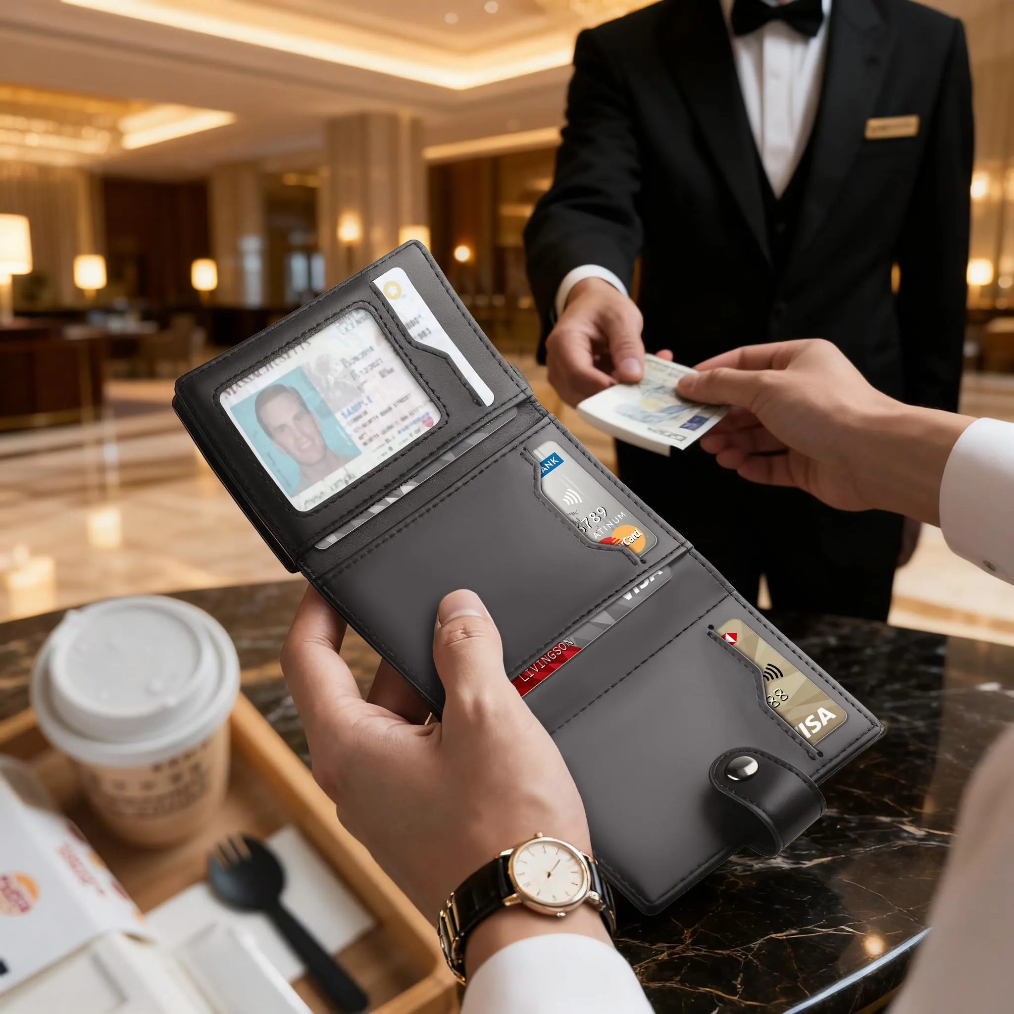 TENBST Porta carte di credito RFID per 10 carte, Nero/Arancione, HW0028 - immagine 2