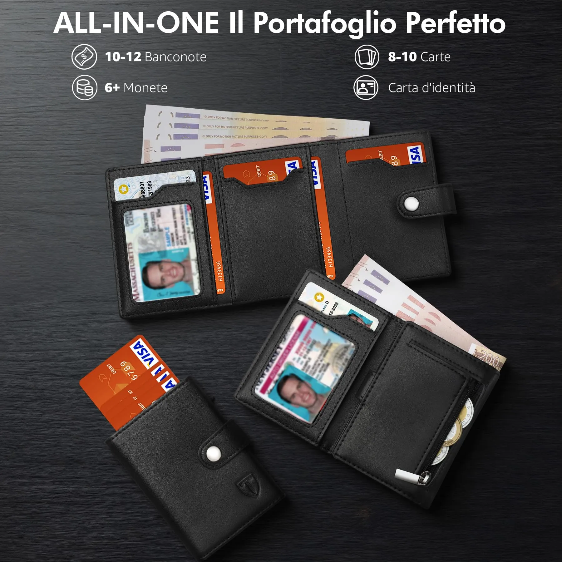 TENBST Porta carte di credito RFID per 10 carte, Nero/Arancione, HW0028 - immagine 3