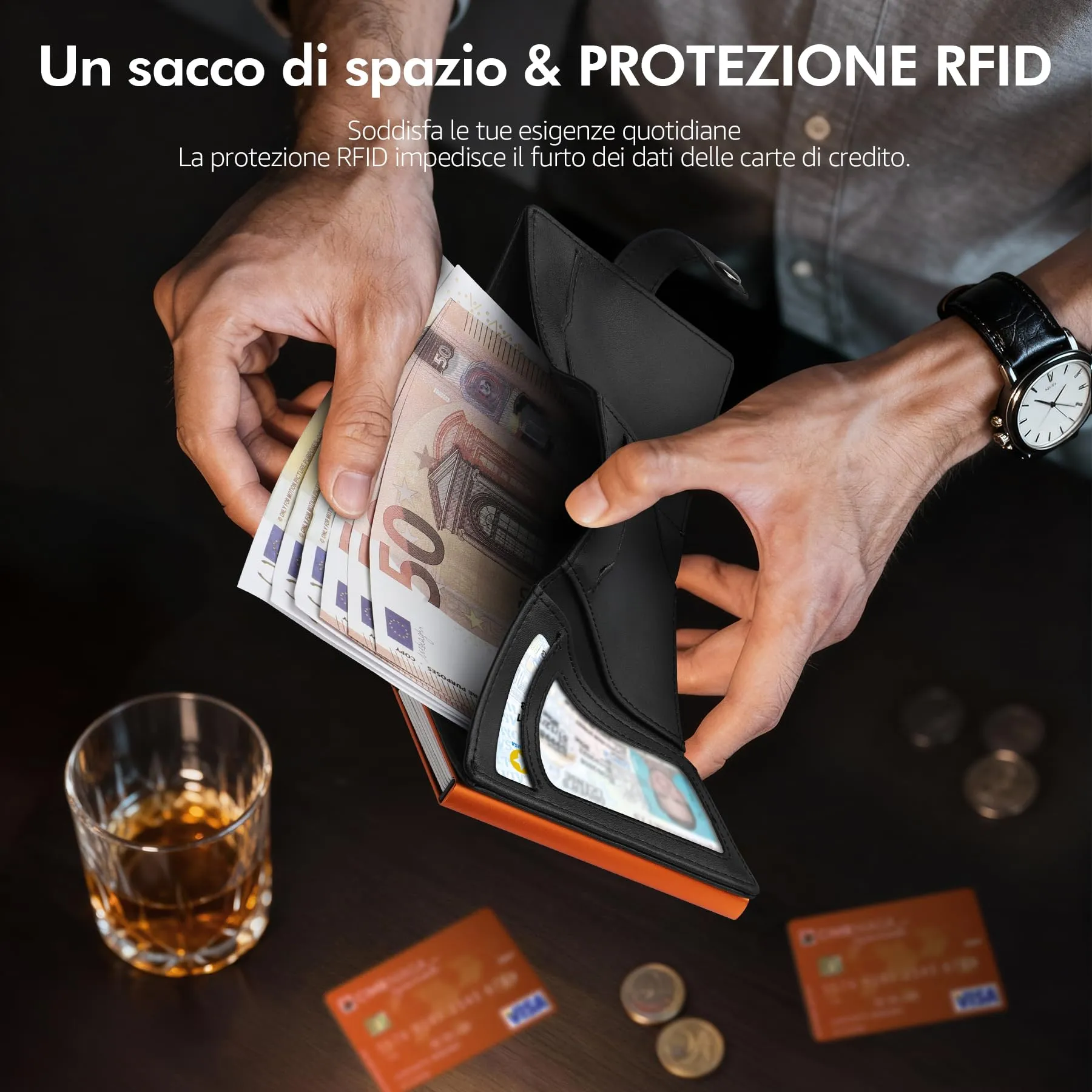 TENBST Porta carte di credito RFID per 10 carte, Nero/Arancione, HW0028 - immagine 5