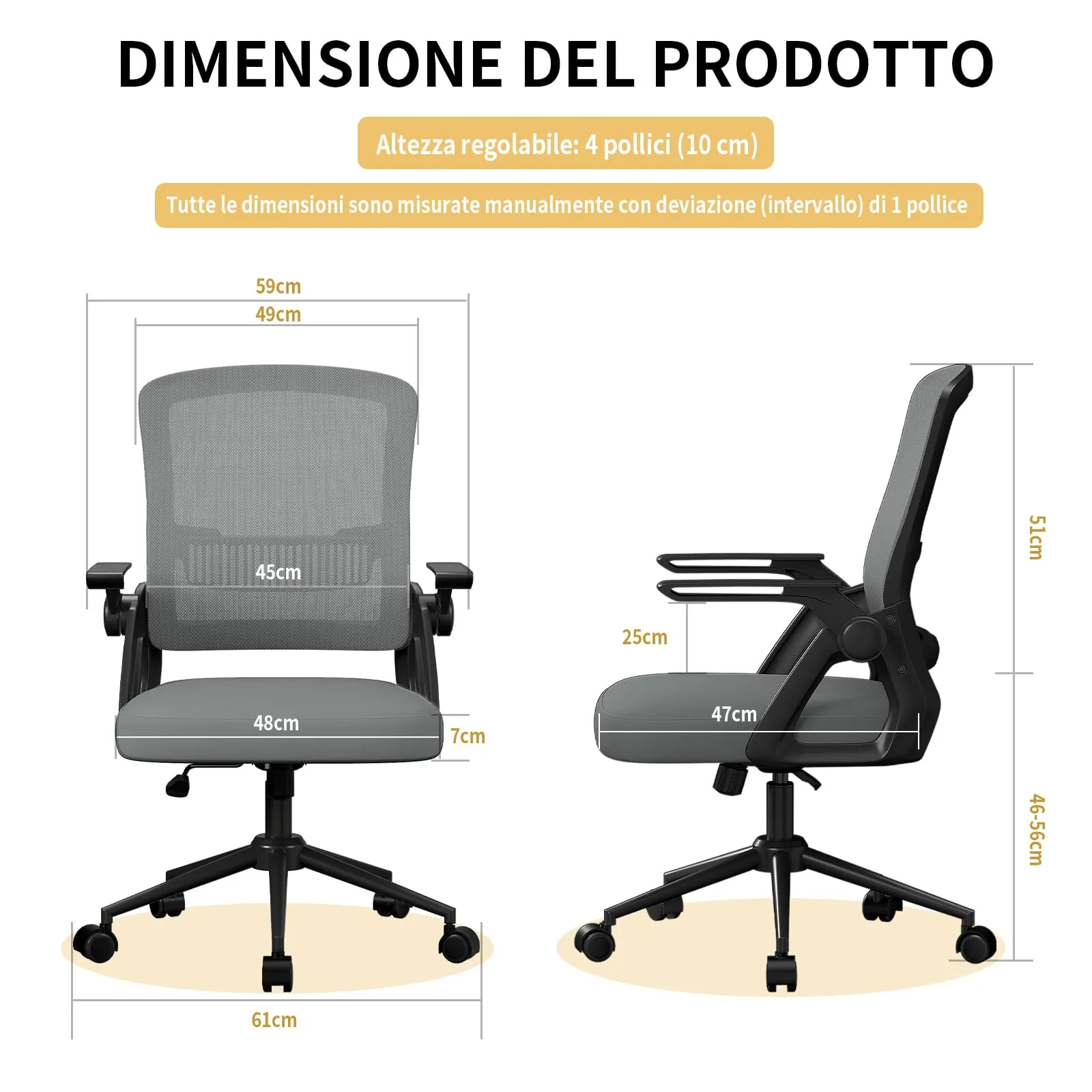 naspaluro Sedia da Ufficio Ergonomica con Braccioli Pieghevoli, Rete Respirante, Grigio scuro - immagine 2