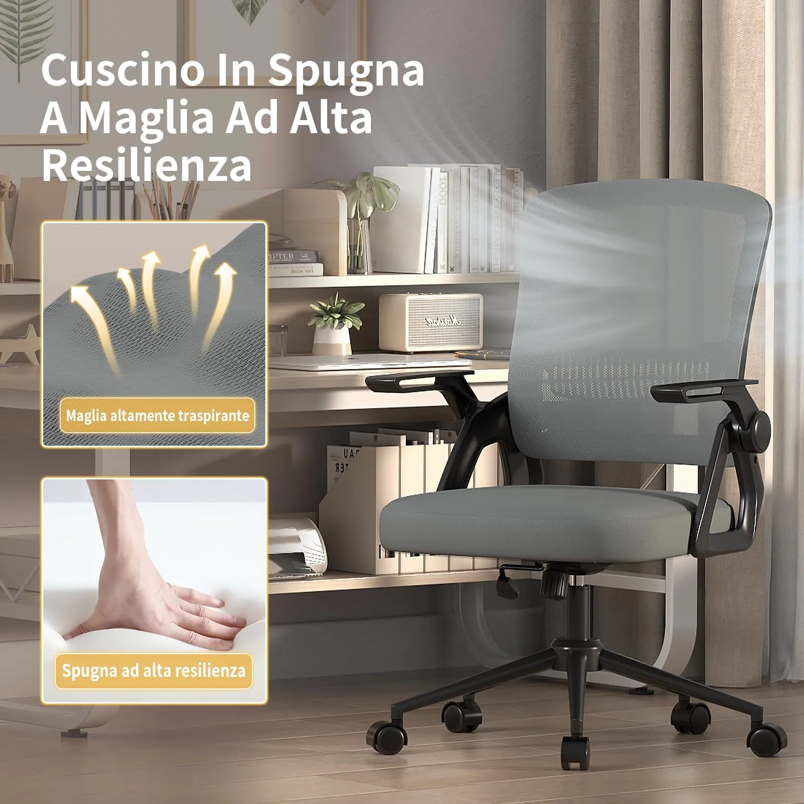 naspaluro Sedia da Ufficio Ergonomica con Braccioli Pieghevoli, Rete Respirante, Grigio scuro - immagine 3