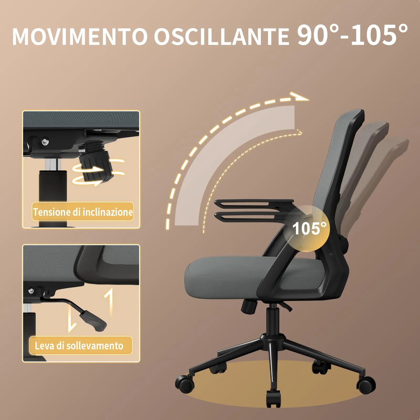naspaluro Sedia da Ufficio Ergonomica con Braccioli Pieghevoli, Rete Respirante, Grigio scuro - immagine 4