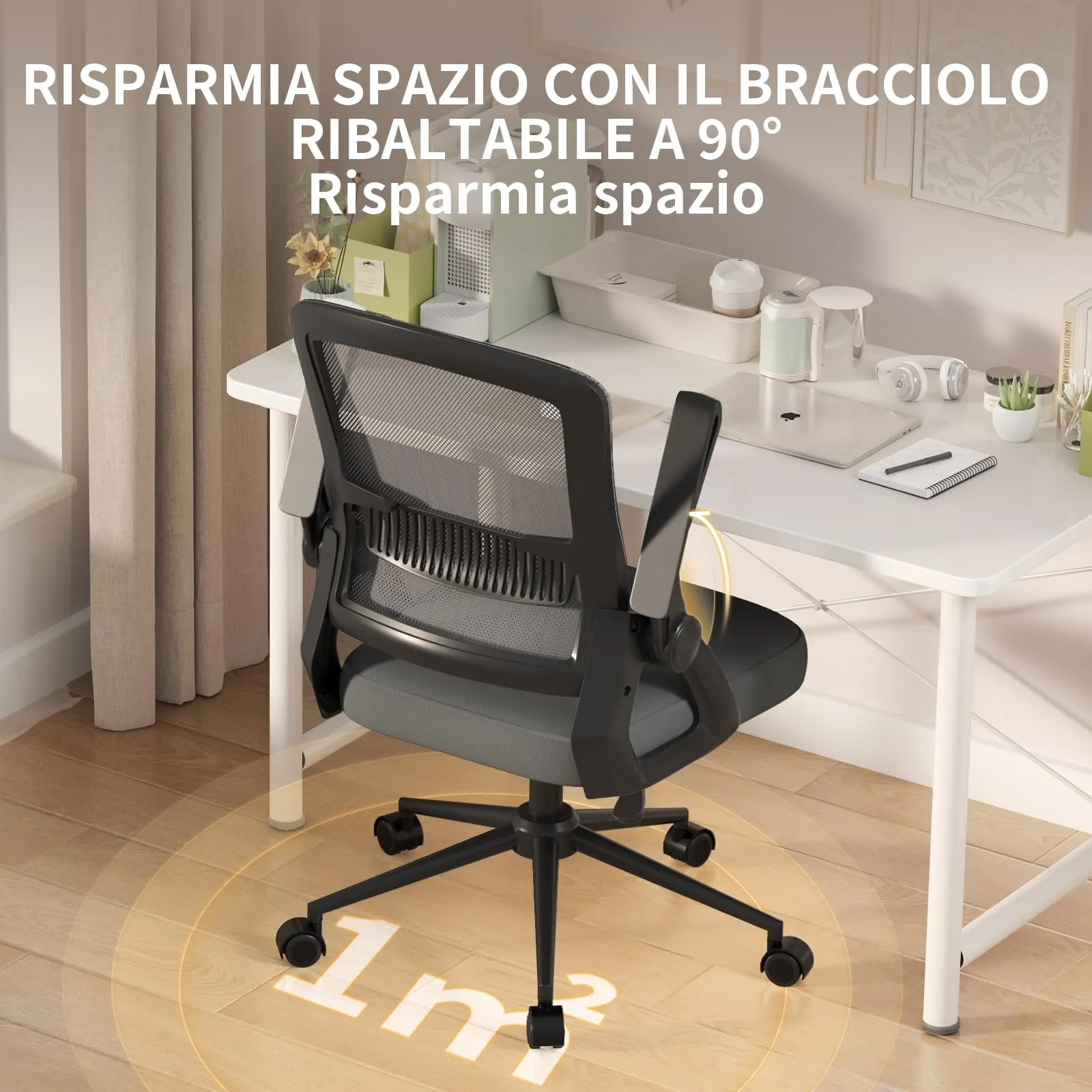 naspaluro Sedia da Ufficio Ergonomica con Braccioli Pieghevoli, Rete Respirante, Grigio scuro - immagine 5