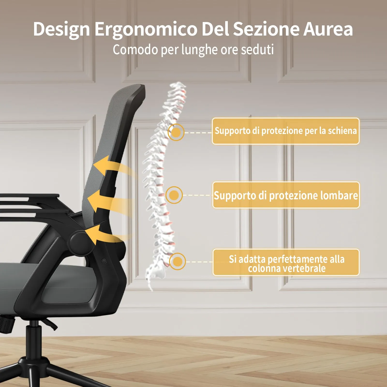 naspaluro Sedia da Ufficio Ergonomica con Braccioli Pieghevoli, Rete Respirante, Grigio scuro - immagine 6
