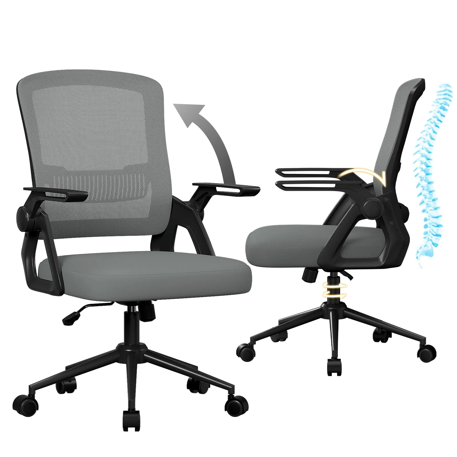 naspaluro Sedia da Ufficio Ergonomica con Braccioli Pieghevoli, Rete Respirante, Grigio scuro - immagine 8