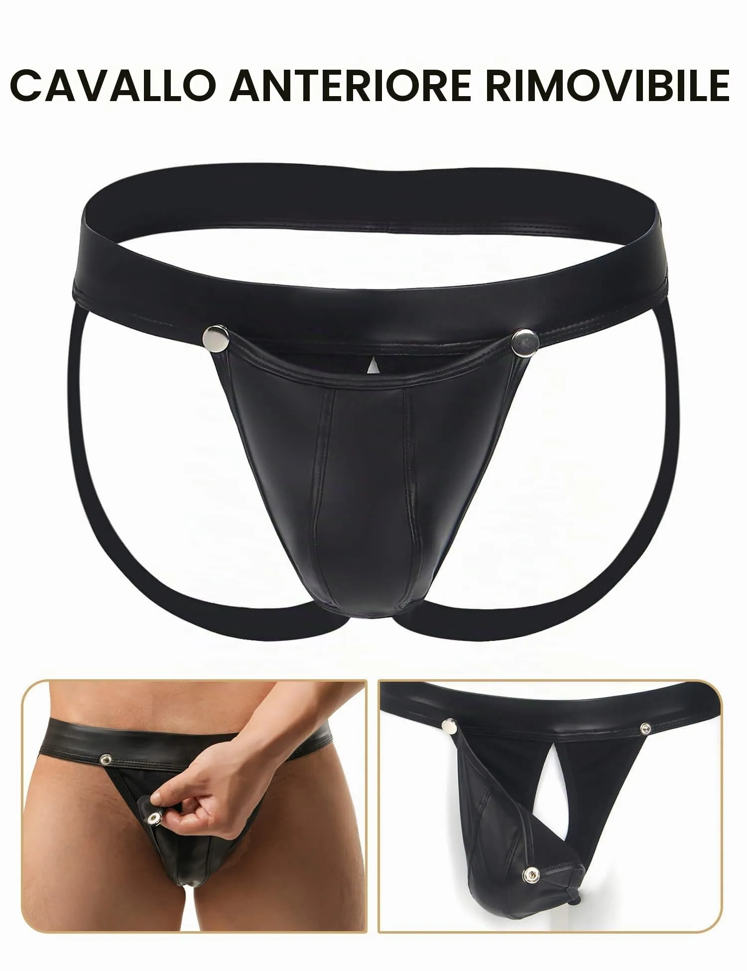 ohyeahlady Jockstrap Uomo Aperto Davanti Pelle PU Slip, Nero, Taglia L - immagine 3