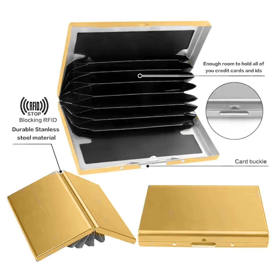 KEQAR Porta Carte in Metallo con Blocco RFID, 10 Scomparti, Oro - immagine 3