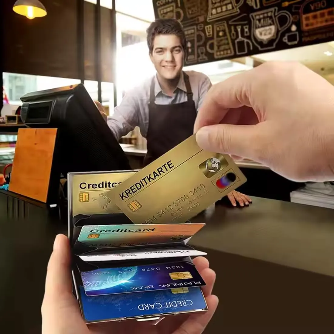 KEQAR Porta Carte in Metallo con Blocco RFID, 10 Scomparti, Oro - immagine 6