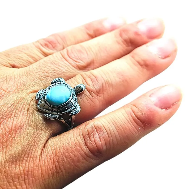 Generico Anello Regolabile in Pietra Dura Naturale Larimar Tartaruga - immagine 2