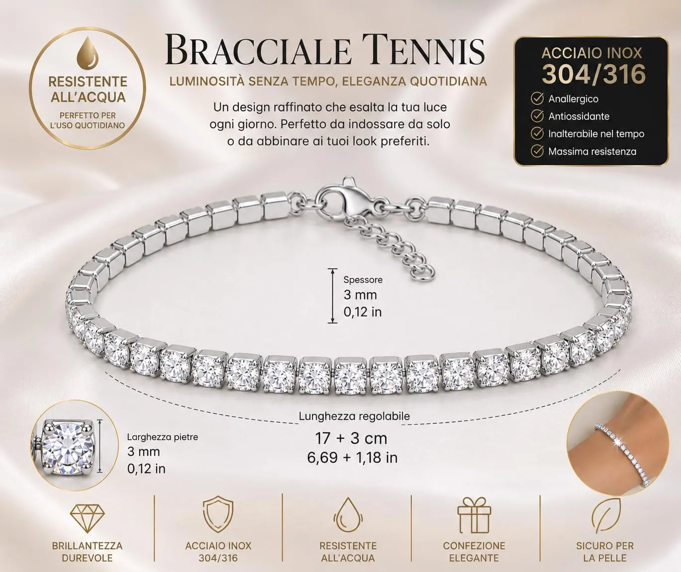 Dada Gioielli Bracciale Tennis Donna Zirconi 3 mm Acciaio Inossidabile 17+3 cm (Rubino) - immagine 4