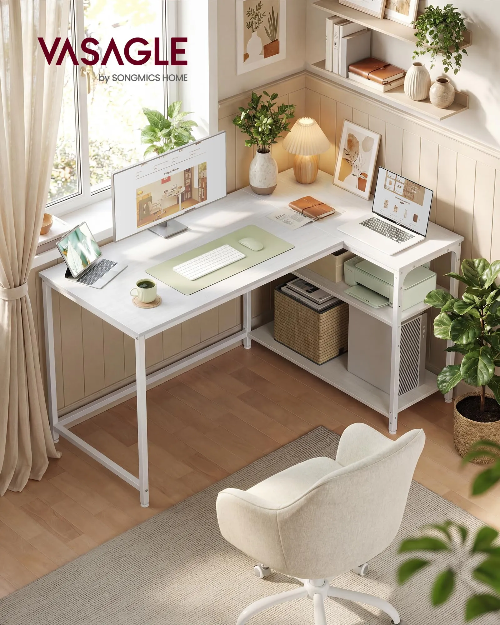 VASAGLE Scrivania Angolare a L con Scaffale Reversibile e Ripiano Regolabile, 120 x 80 cm, Bianco Acero LWD136WF01 - immagine 2
