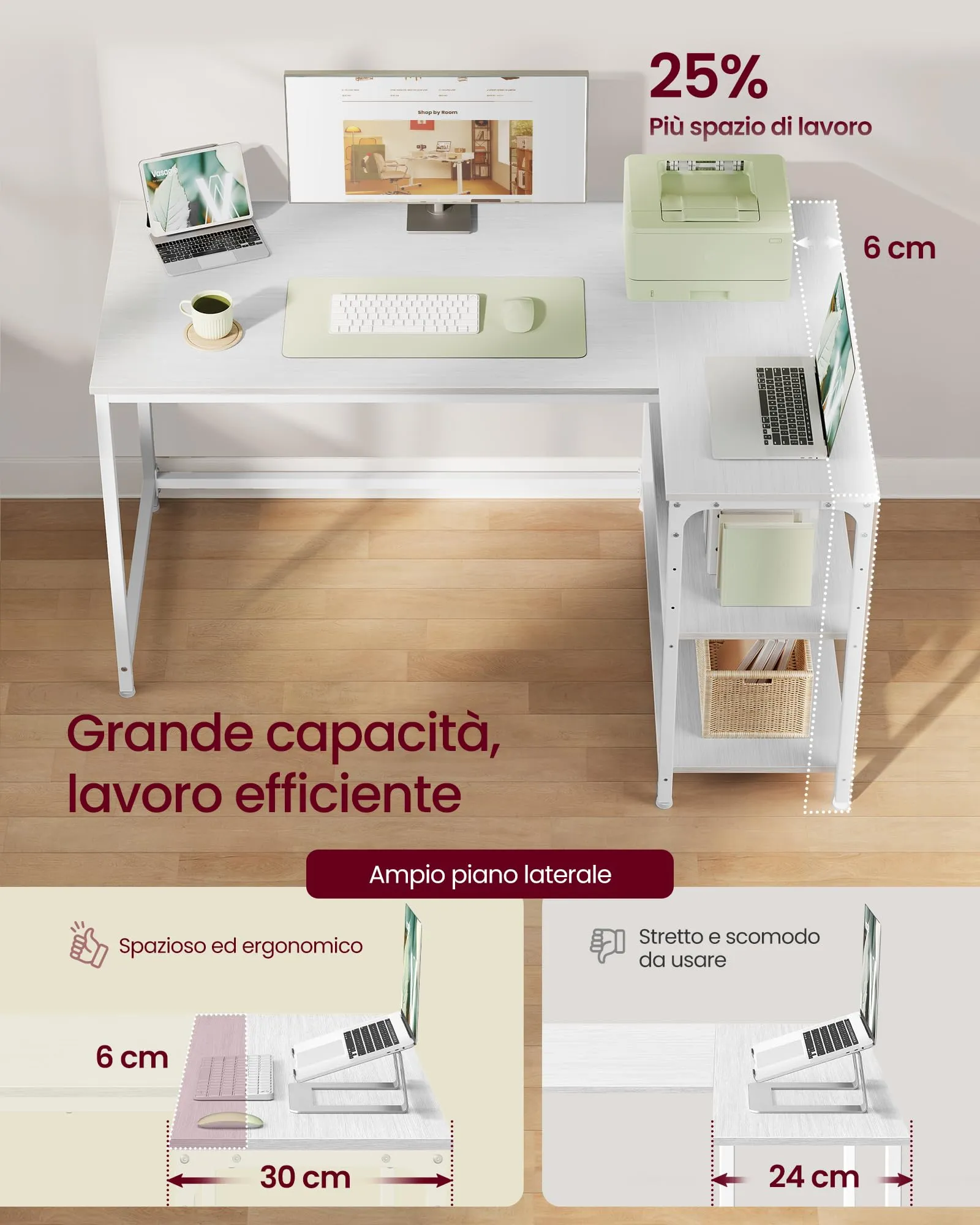 VASAGLE Scrivania Angolare a L con Scaffale Reversibile e Ripiano Regolabile, 120 x 80 cm, Bianco Acero LWD136WF01 - immagine 3