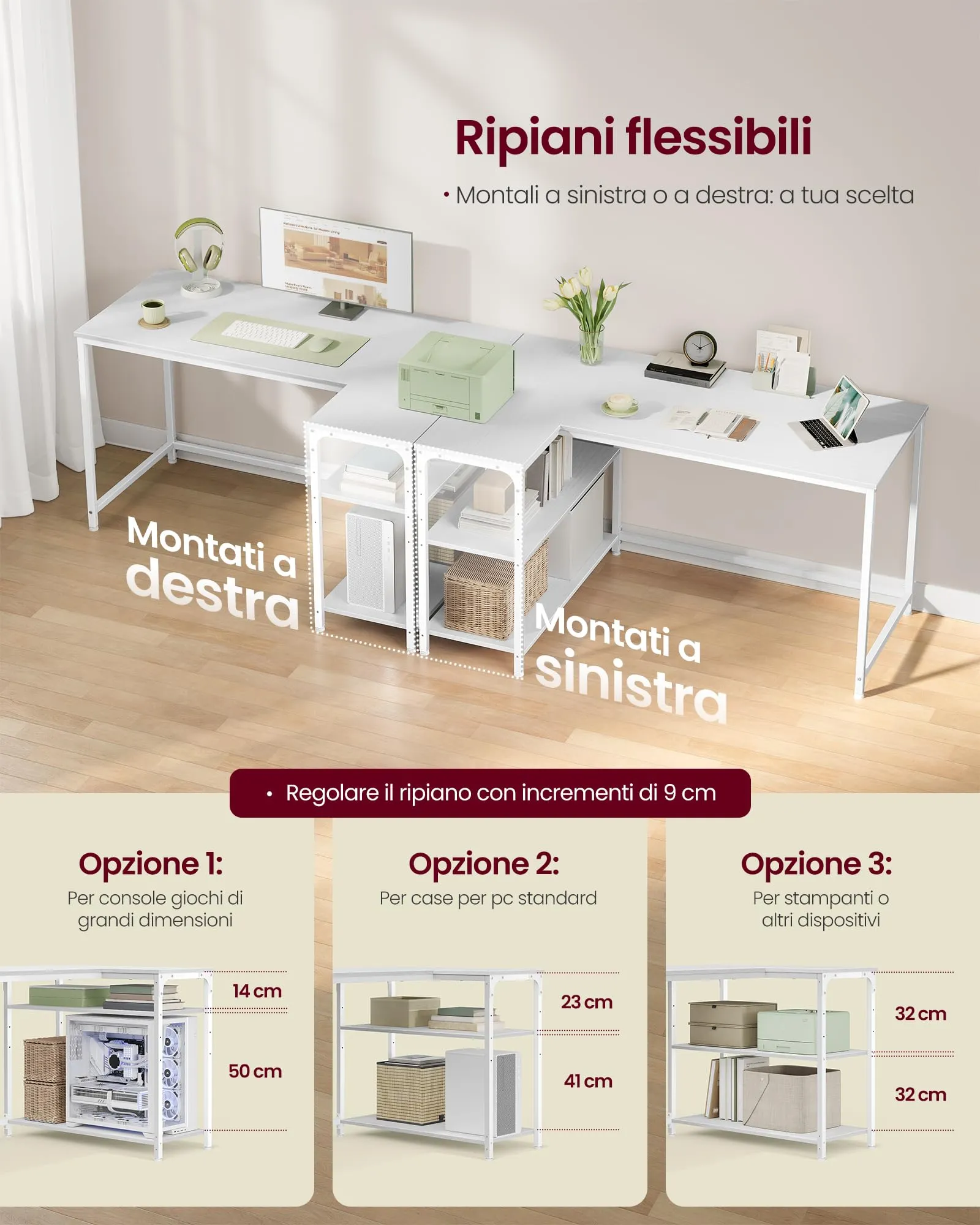 VASAGLE Scrivania Angolare a L con Scaffale Reversibile e Ripiano Regolabile, 120 x 80 cm, Bianco Acero LWD136WF01 - immagine 4
