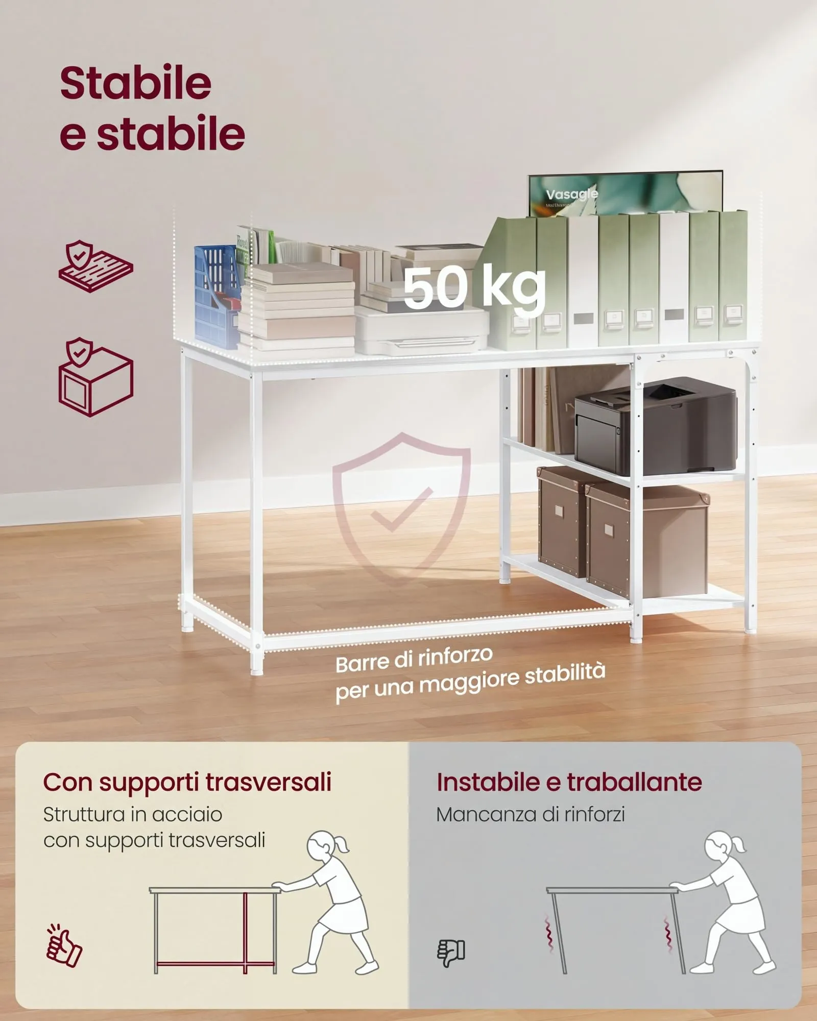 VASAGLE Scrivania Angolare a L con Scaffale Reversibile e Ripiano Regolabile, 120 x 80 cm, Bianco Acero LWD136WF01 - immagine 5