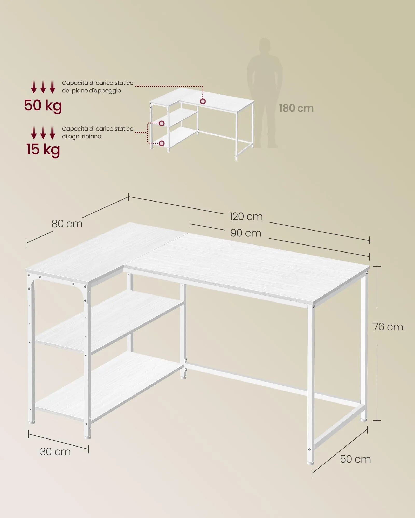 VASAGLE Scrivania Angolare a L con Scaffale Reversibile e Ripiano Regolabile, 120 x 80 cm, Bianco Acero LWD136WF01 - immagine 6