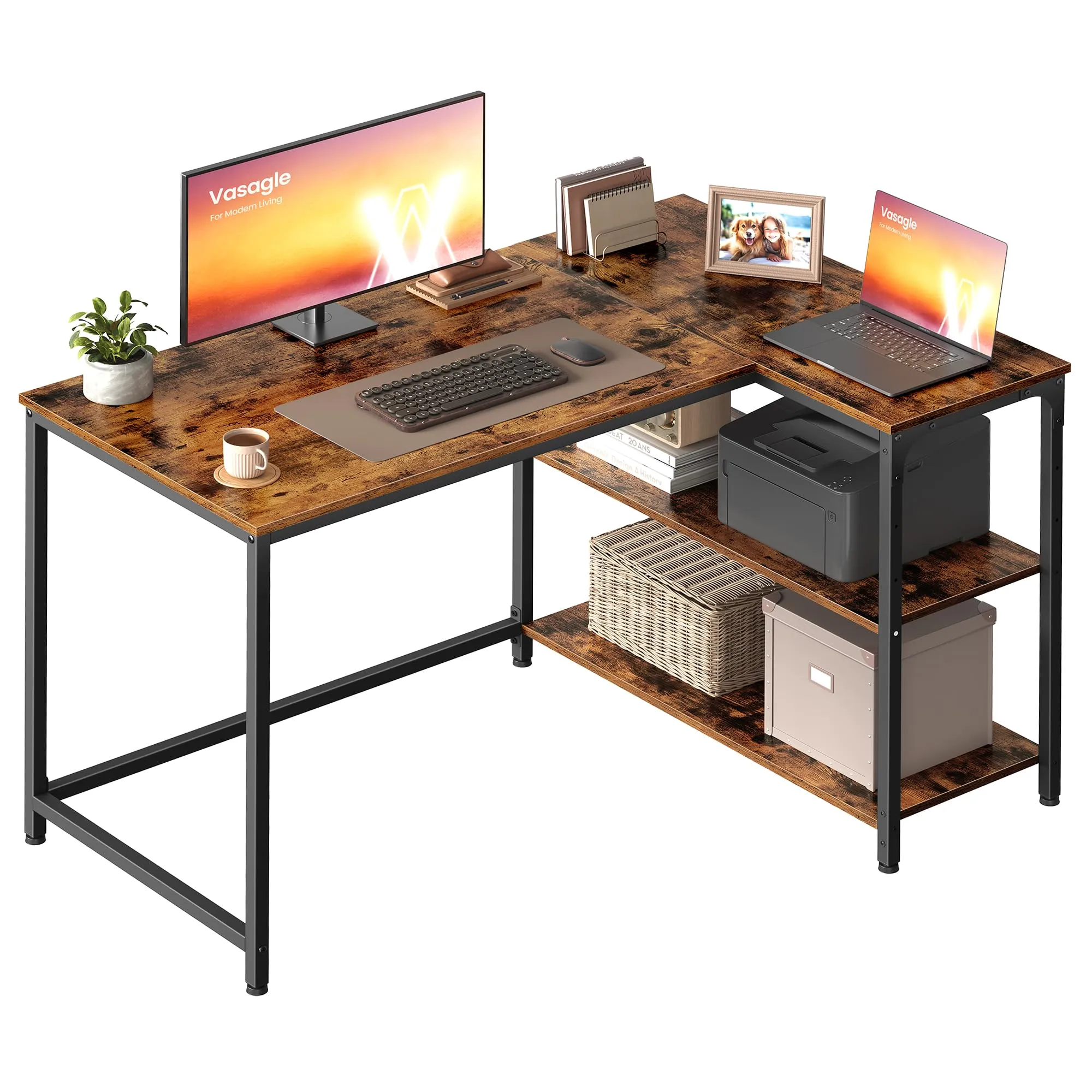 VASAGLE Scrivania Angolare a L per Computer e Gaming con Scaffale Reversibile e Ripiano Regolabile, 110 x 80 cm, Marrone Vintage LWD135KD01 - immagine 1