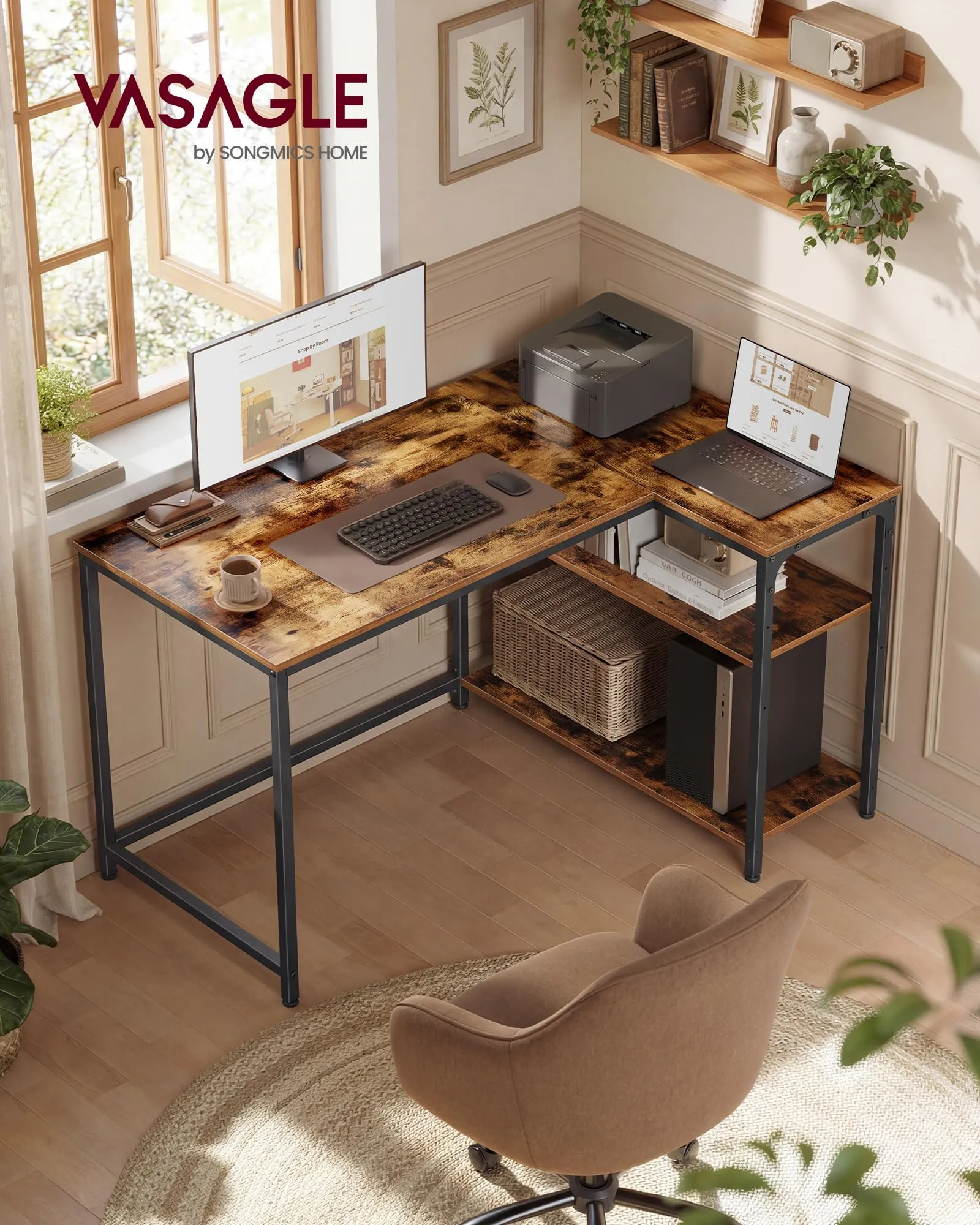 VASAGLE Scrivania Angolare a L per Computer e Gaming con Scaffale Reversibile e Ripiano Regolabile, 110 x 80 cm, Marrone Vintage LWD135KD01 - immagine 2