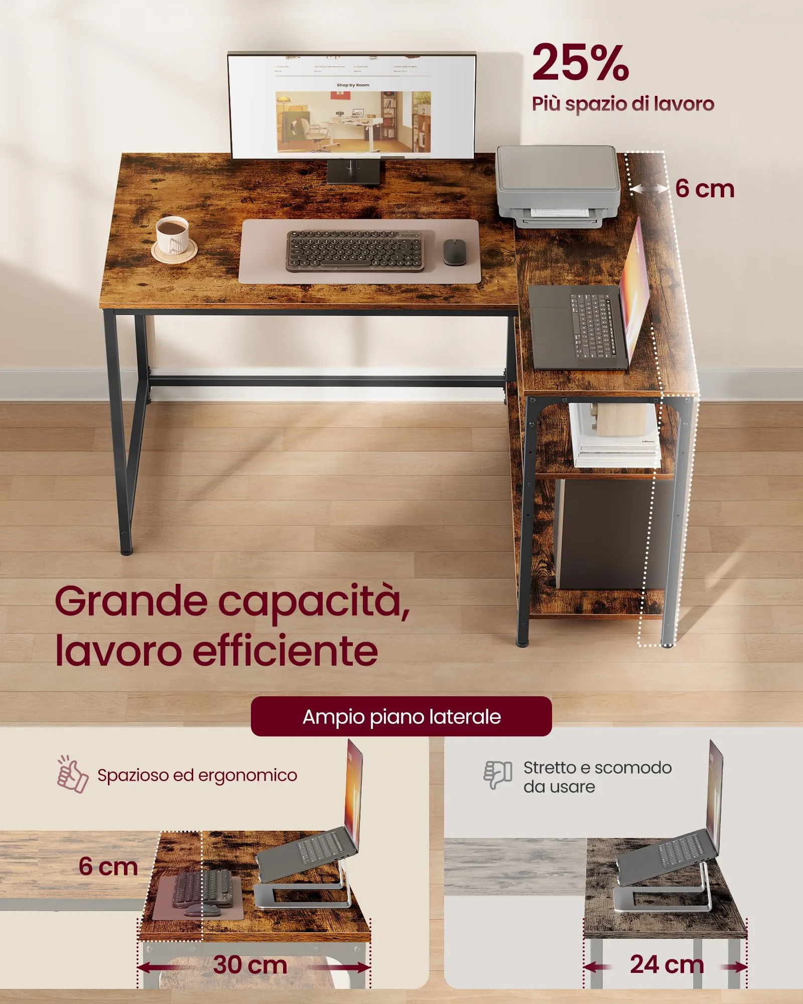 VASAGLE Scrivania Angolare a L per Computer e Gaming con Scaffale Reversibile e Ripiano Regolabile, 110 x 80 cm, Marrone Vintage LWD135KD01 - immagine 3