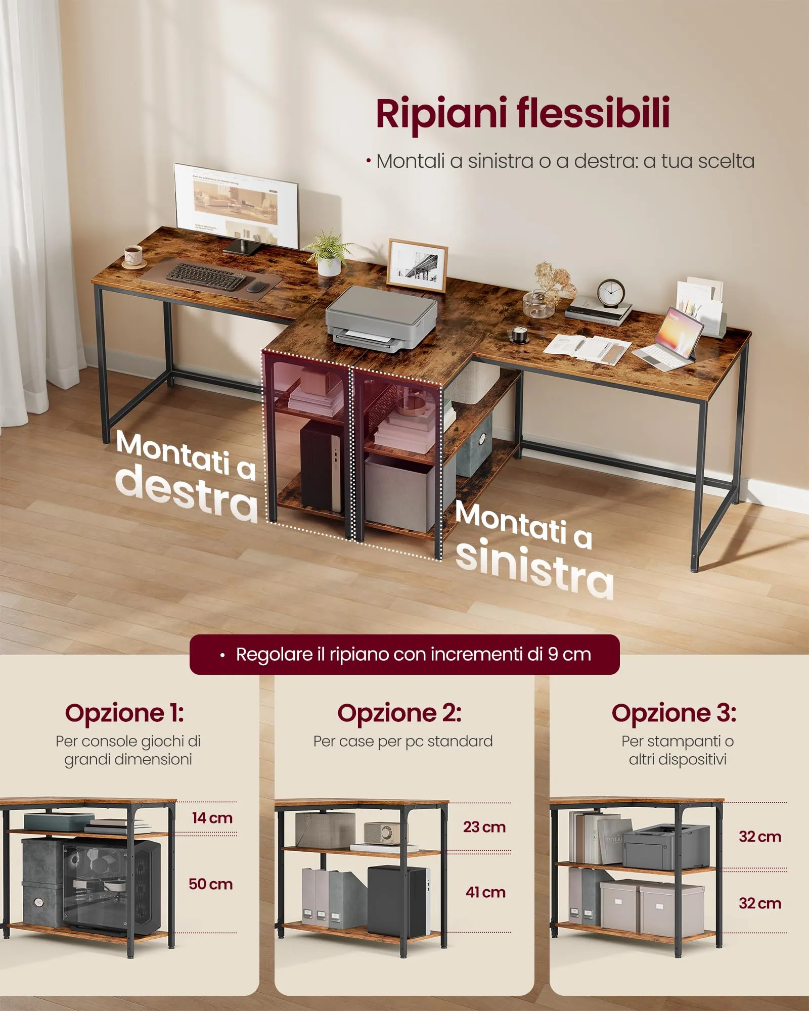 VASAGLE Scrivania Angolare a L per Computer e Gaming con Scaffale Reversibile e Ripiano Regolabile, 110 x 80 cm, Marrone Vintage LWD135KD01 - immagine 4
