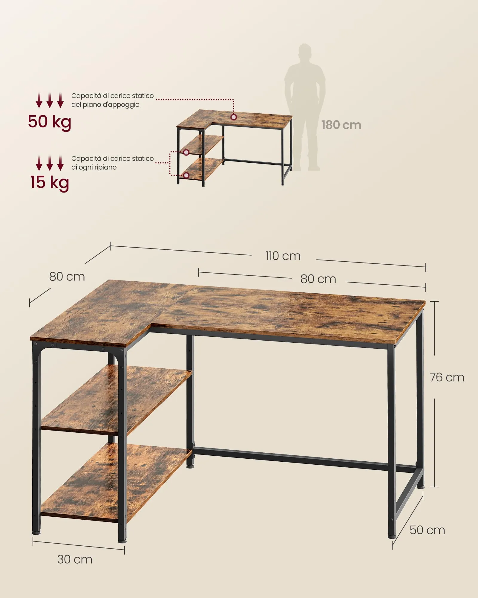 VASAGLE Scrivania Angolare a L per Computer e Gaming con Scaffale Reversibile e Ripiano Regolabile, 110 x 80 cm, Marrone Vintage LWD135KD01 - immagine 6