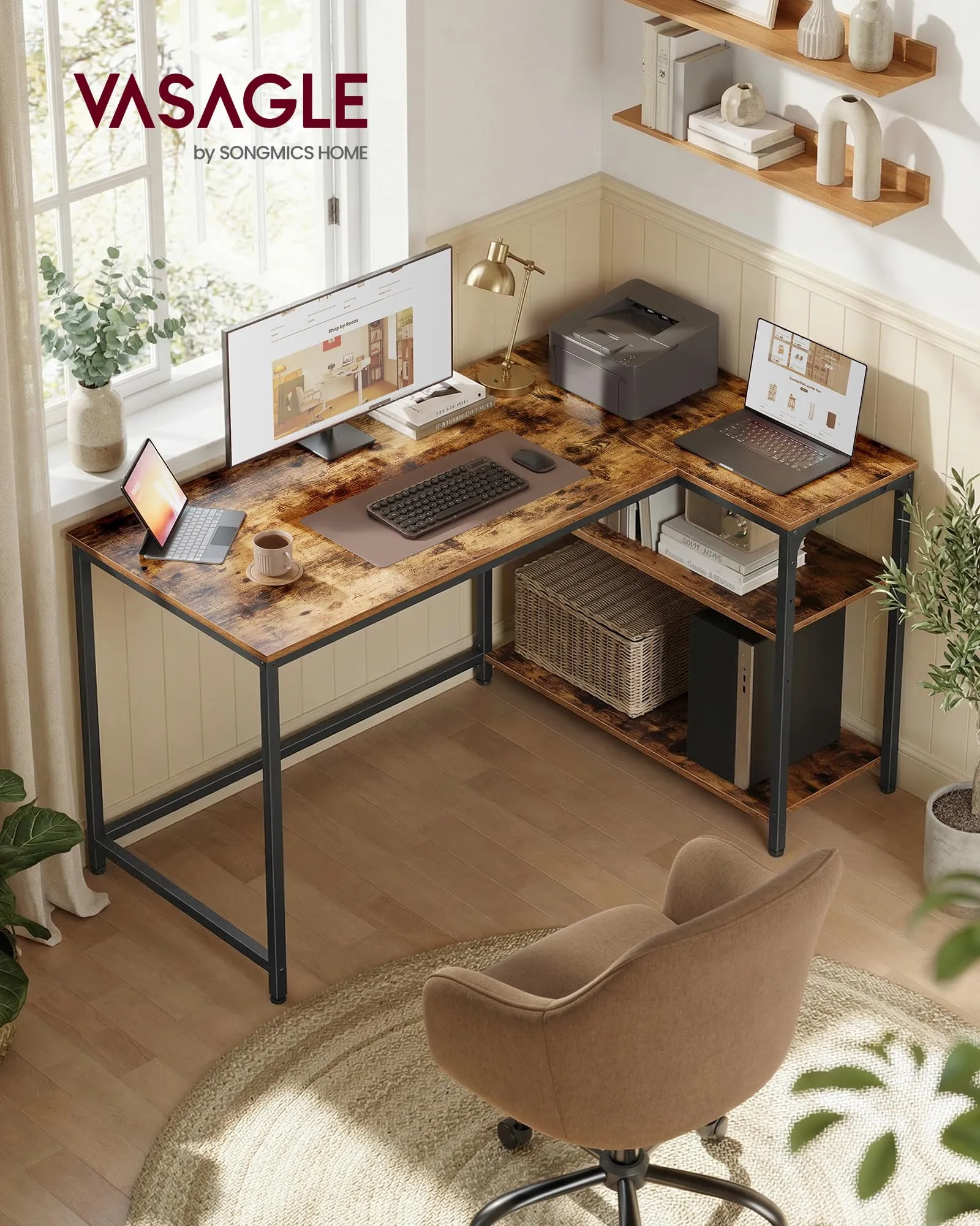 VASAGLE Scrivania Angolare a L con Scaffale Reversibile e Ripiano Regolabile, 120 x 80 cm, Marrone Vintage LWD136KD01 - immagine 2