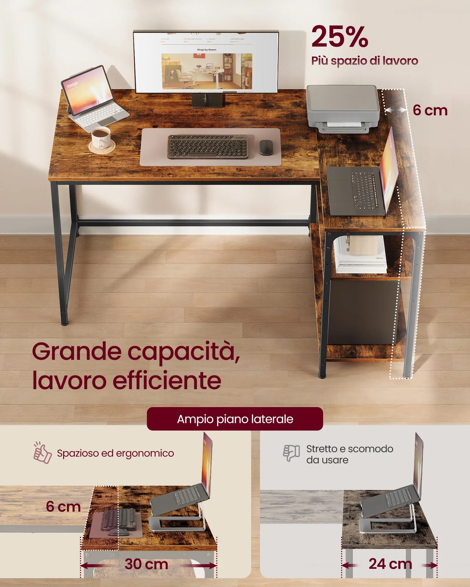 VASAGLE Scrivania Angolare a L con Scaffale Reversibile e Ripiano Regolabile, 120 x 80 cm, Marrone Vintage LWD136KD01 - immagine 3