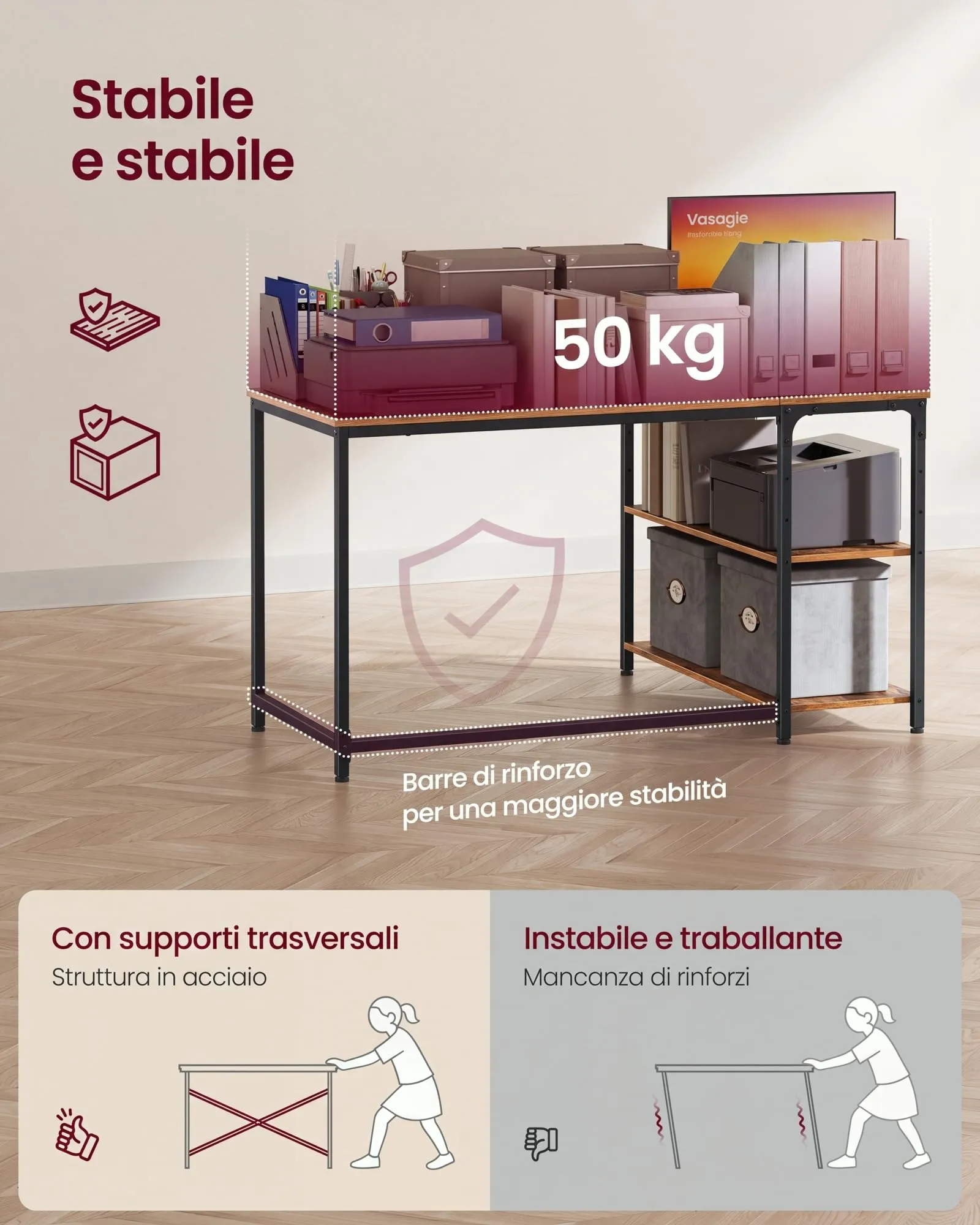 VASAGLE Scrivania Angolare a L con Scaffale Reversibile e Ripiano Regolabile, 120 x 80 cm, Marrone Vintage LWD136KD01 - immagine 5