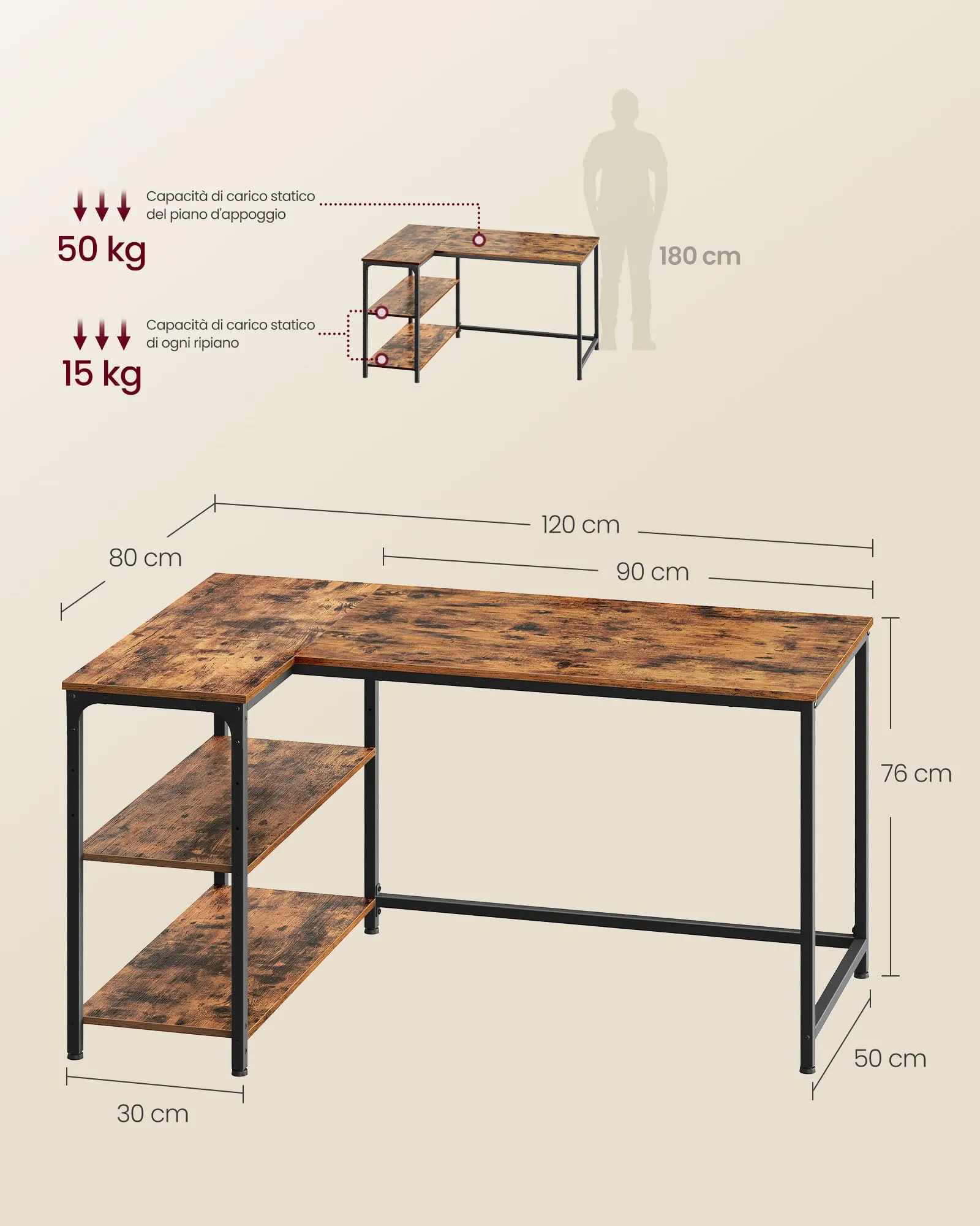 VASAGLE Scrivania Angolare a L con Scaffale Reversibile e Ripiano Regolabile, 120 x 80 cm, Marrone Vintage LWD136KD01 - immagine 6