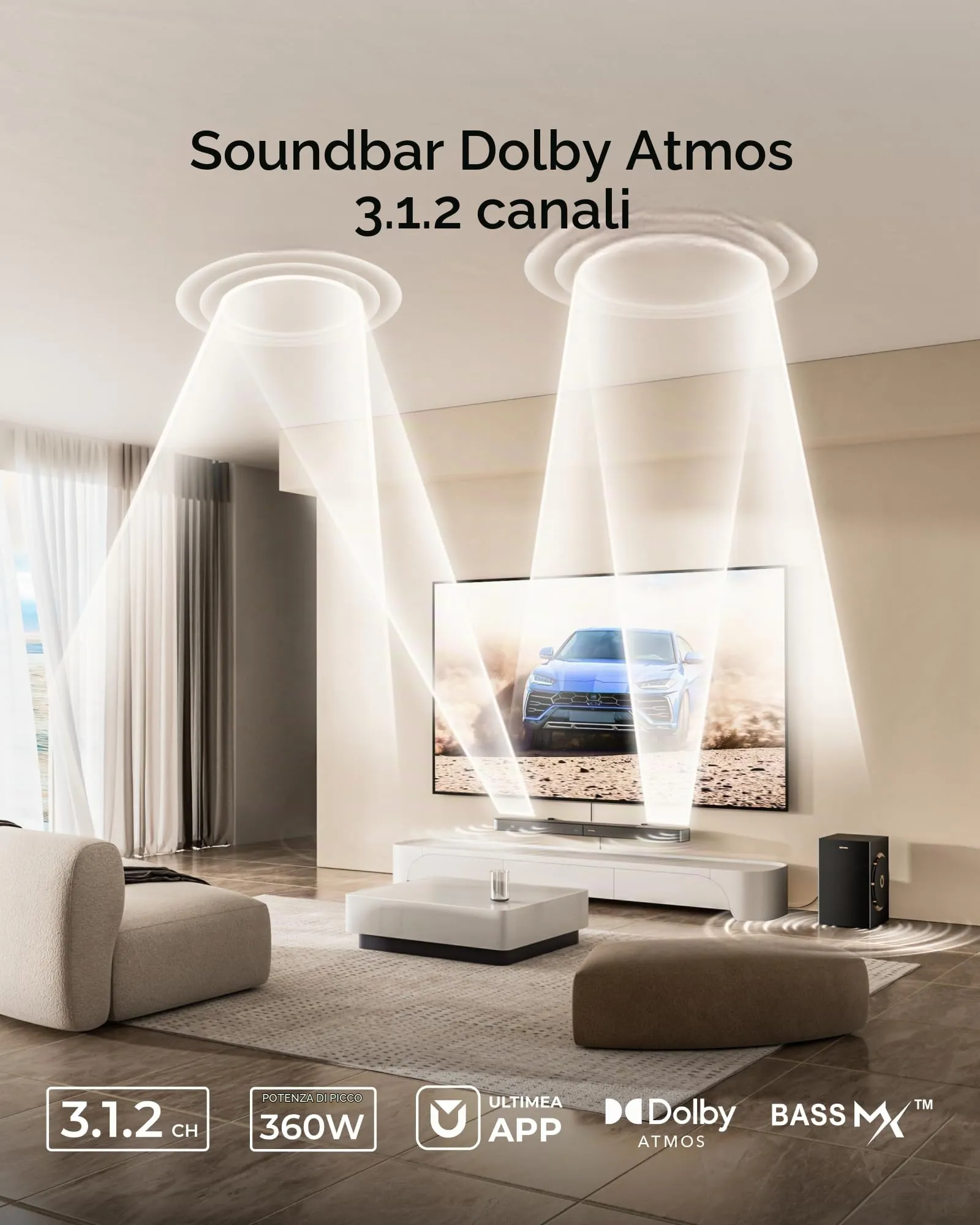 ULTIMEA Skywave F30 Boom Soundbar 3.1.2ch con Dolby Atmos, Subwoofer da 6.5", Bluetooth 5.4, HDMI eARC - immagine 2