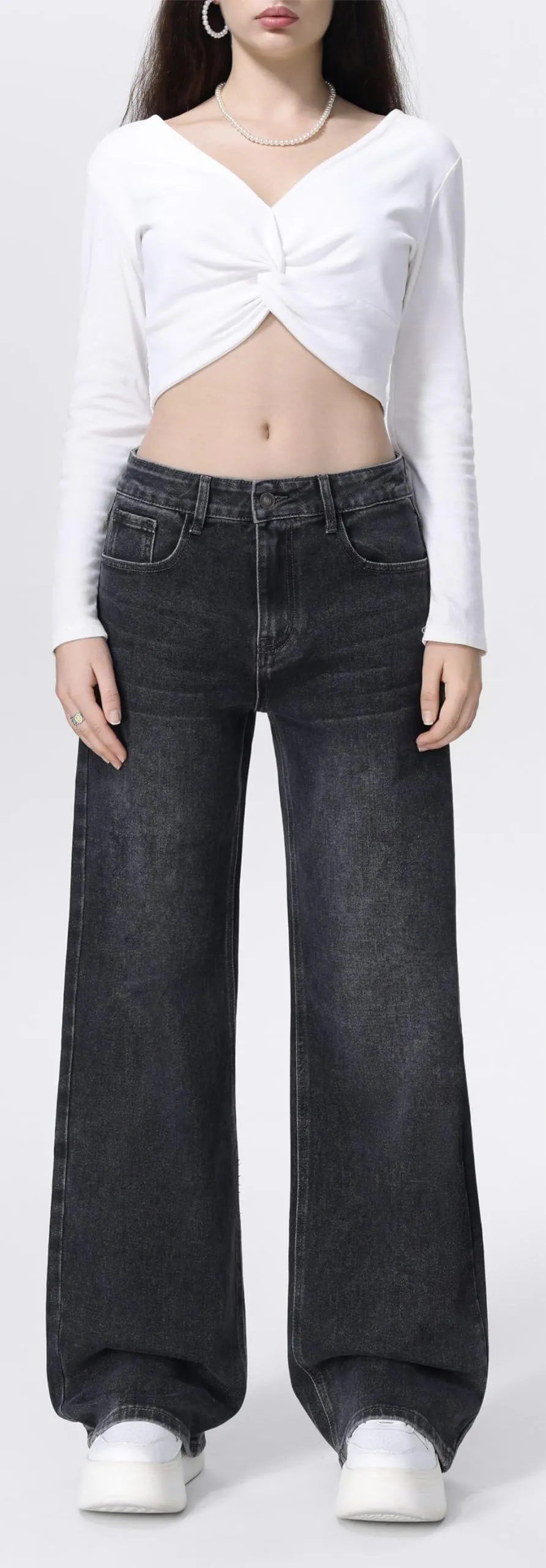vittorio y Jeans Donna Vita Alta Baggy Wide Leg Grigio Scuro S - immagine 3