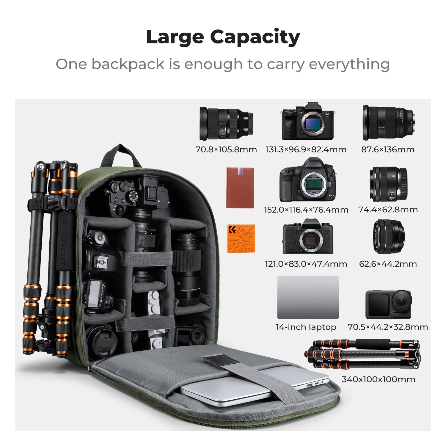 K&F CONCEPT Zaino Foto Compatto 13L con Parapioggia, Verde - immagine 3