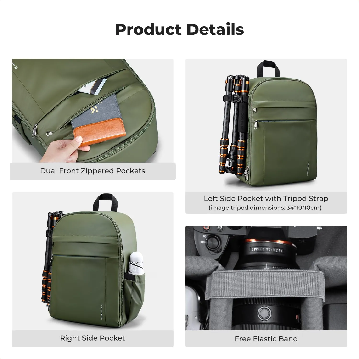 K&F CONCEPT Zaino Foto Compatto 13L con Parapioggia, Verde - immagine 6