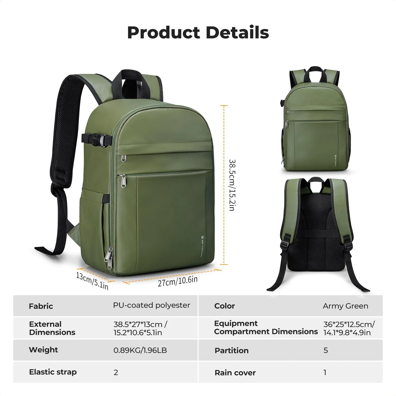 K&F CONCEPT Zaino Foto Compatto 13L con Parapioggia, Verde - immagine 8