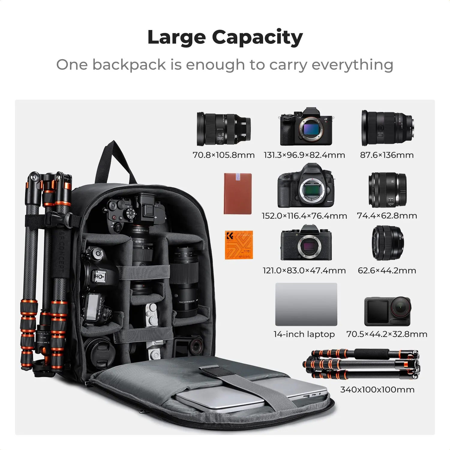 K&F CONCEPT Zaino Fotografico Compatto 13L con Parapioggia, Nero Lucido - immagine 3