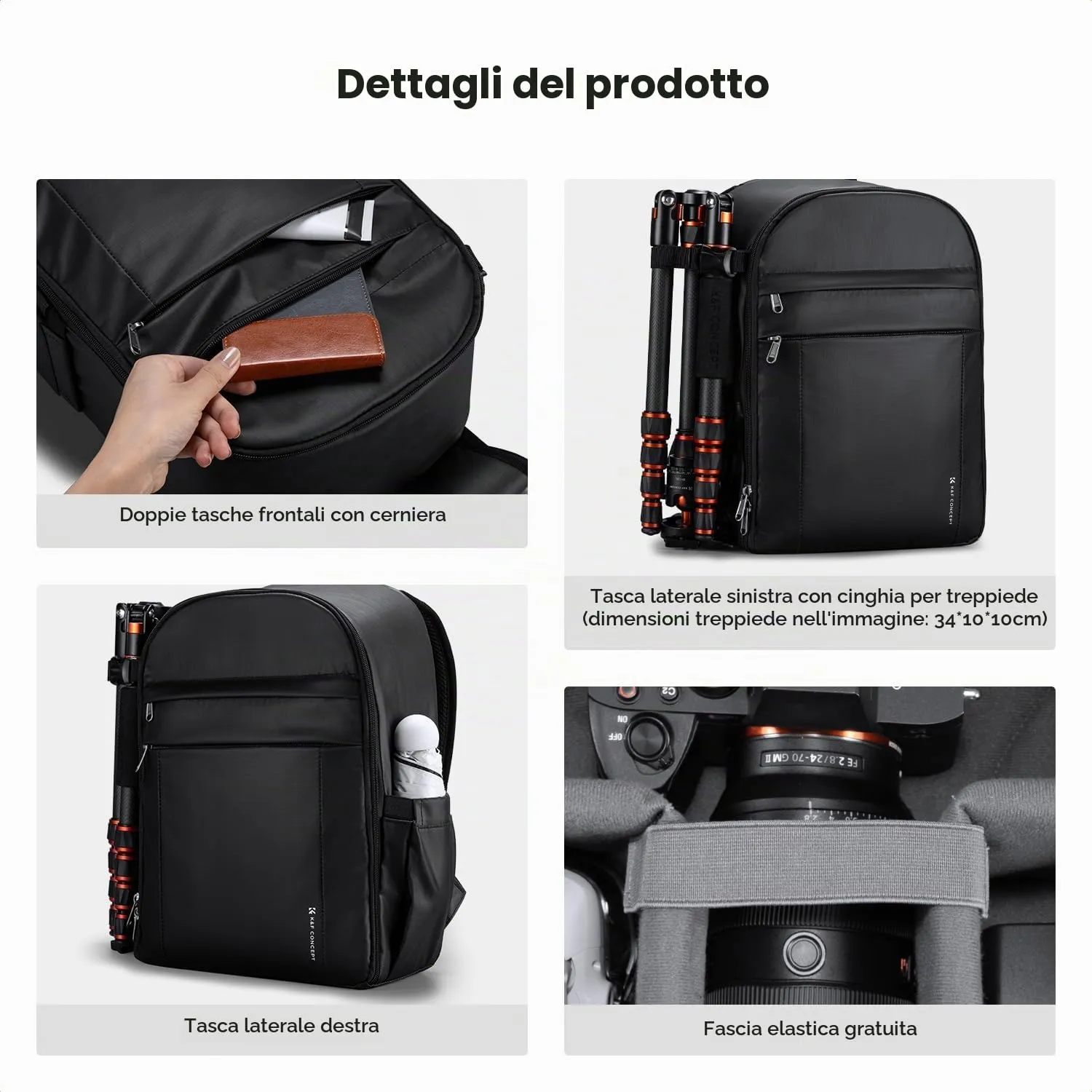 K&F CONCEPT Zaino Fotografico Compatto 13L con Parapioggia, Nero Lucido - immagine 6