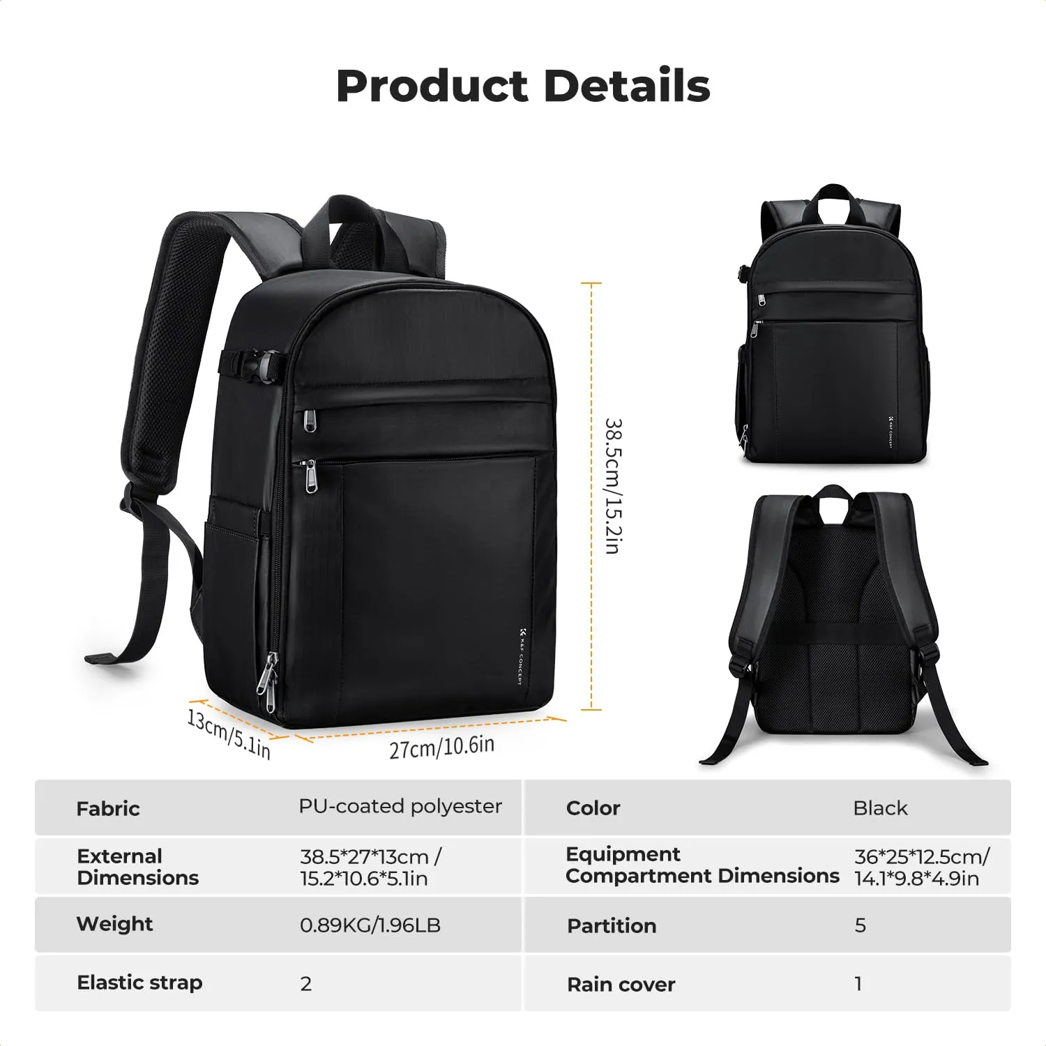 K&F CONCEPT Zaino Fotografico Compatto 13L con Parapioggia, Nero Lucido - immagine 8