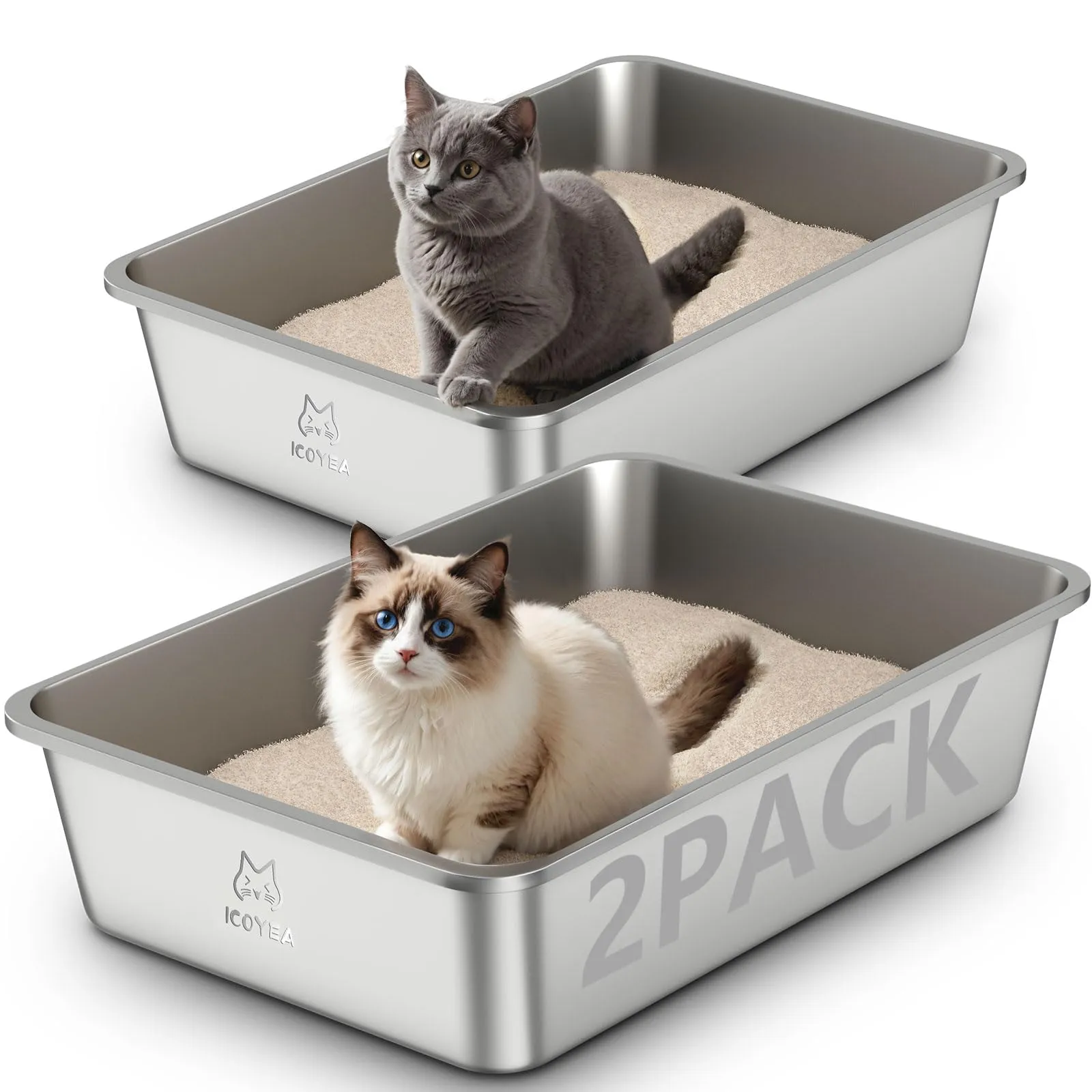 ICOYEA Lettiera in Acciaio Inox per Gatti, 60x40x15 cm, Set da 2 Pezzi - immagine 1