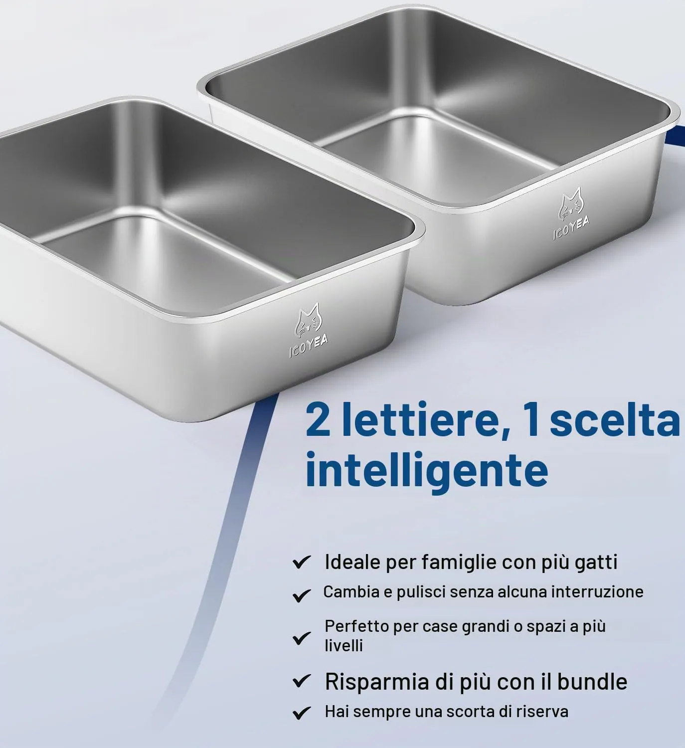 ICOYEA Lettiera in Acciaio Inox per Gatti, 60x40x15 cm, Set da 2 Pezzi - immagine 2