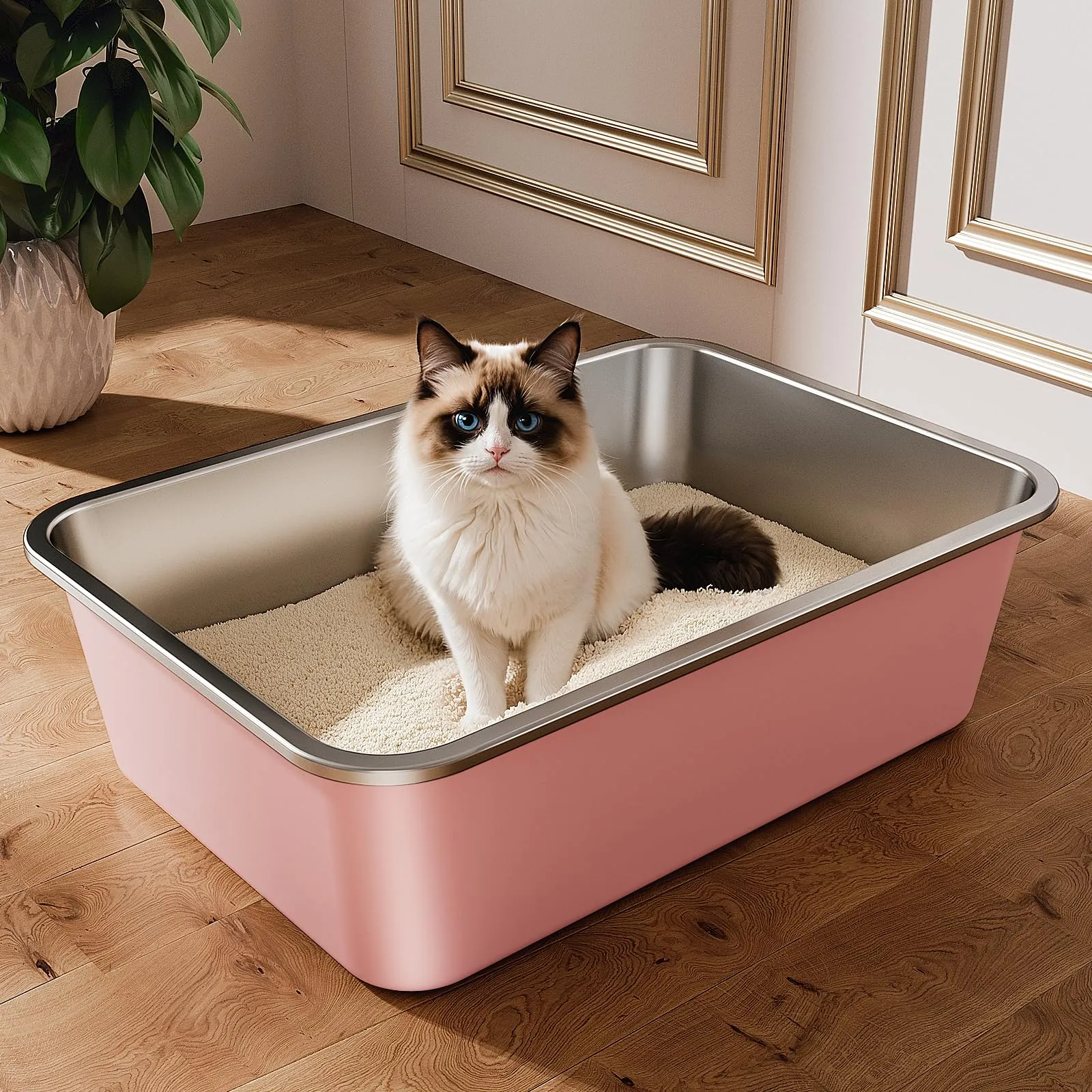 ICOYEA Lettiera in Acciaio Inox per Gatti e Piccoli Animali, Rosa, 50 x 35 x 15 cm - immagine 1