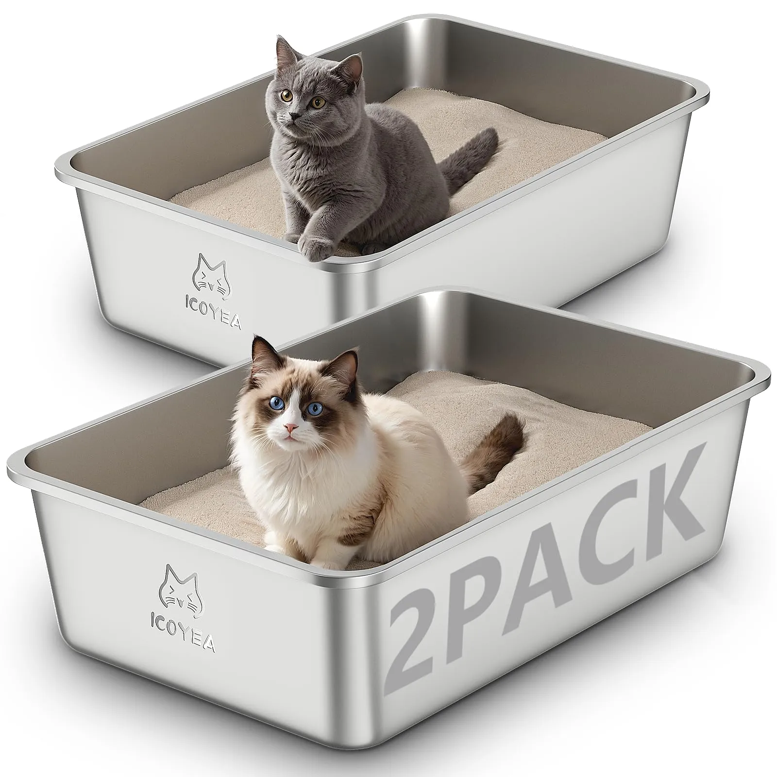 ICOYEA Lettiera in Acciaio Inox per Gatti e Piccoli Animali, 60x40x20 cm, Set da 2 Pezzi - immagine 1
