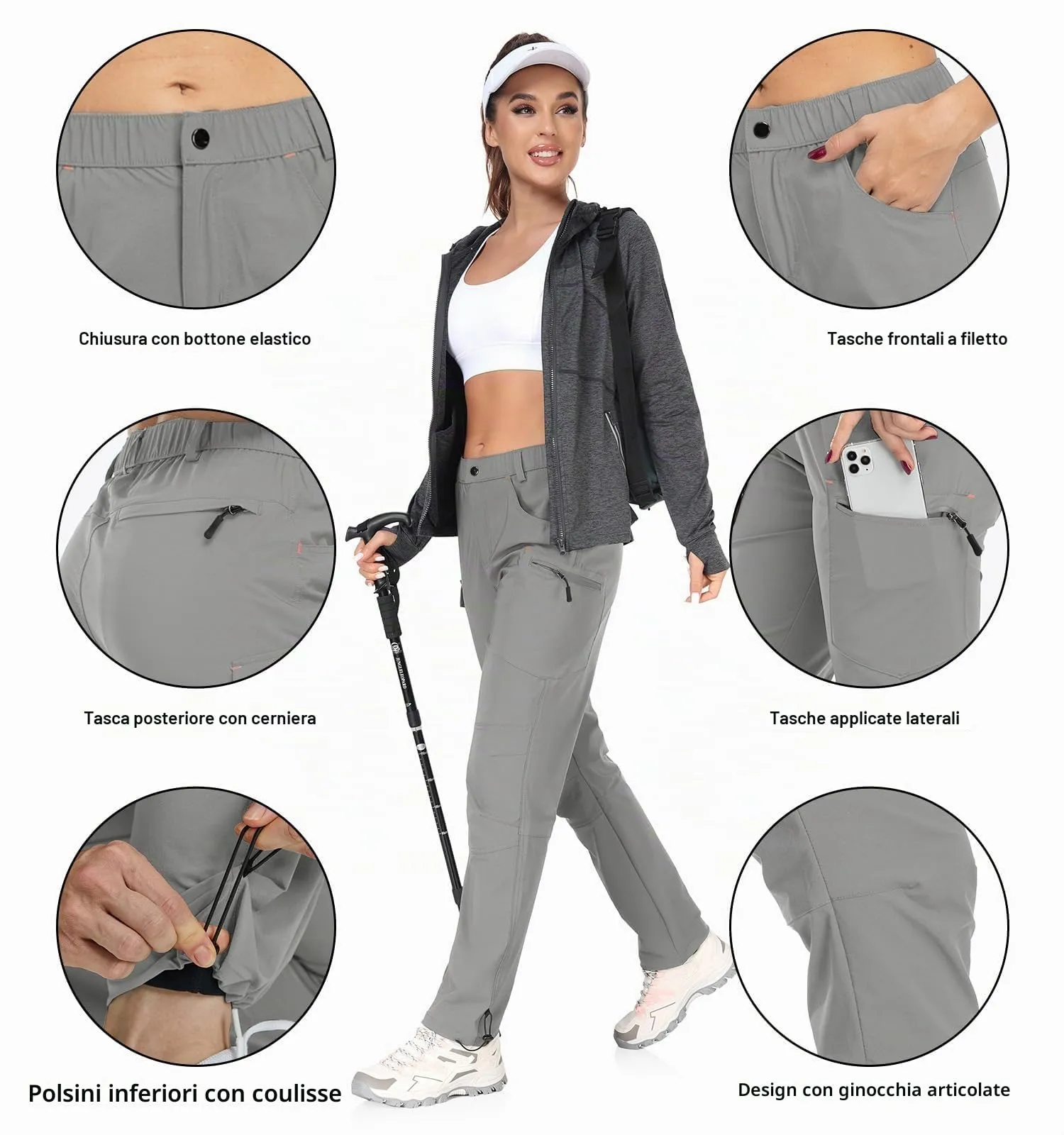 GymBrave Pantaloni Trekking Donna Cargo Capri 3/4 Estivi Grigio Chiaro XXL - immagine 4